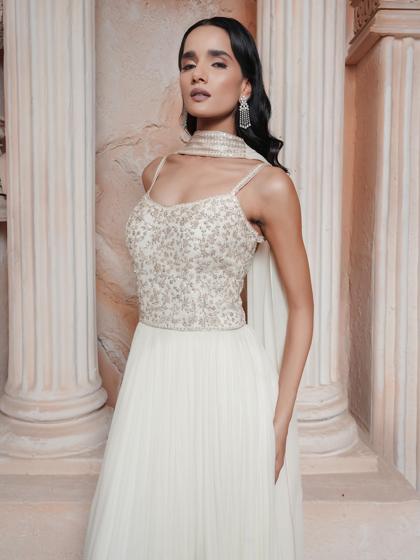Ivory Embroidered Gown With Stole