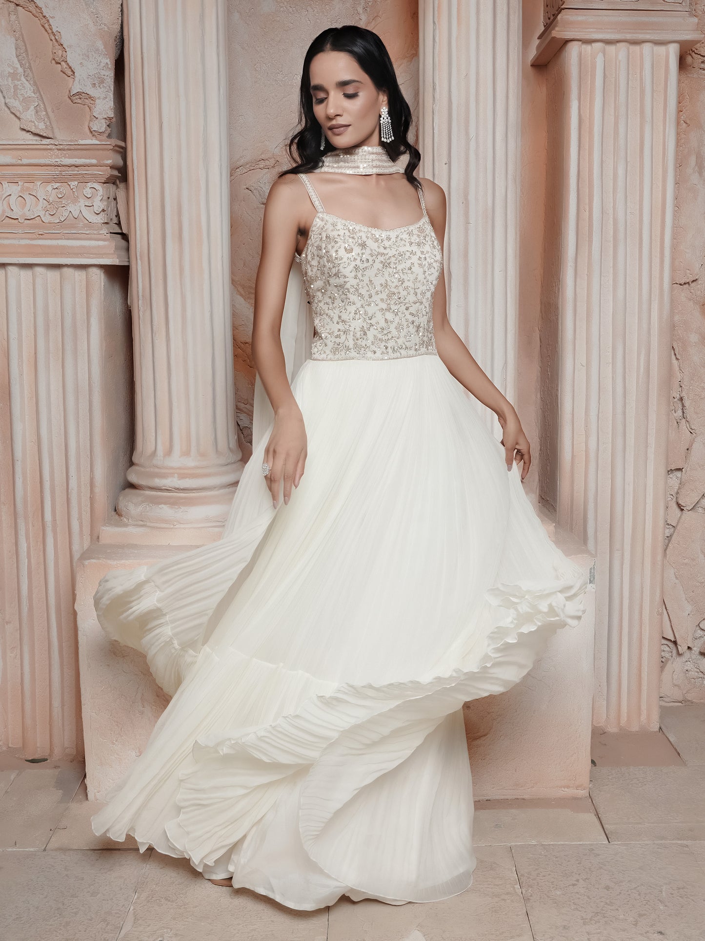 Ivory Embroidered Gown With Stole