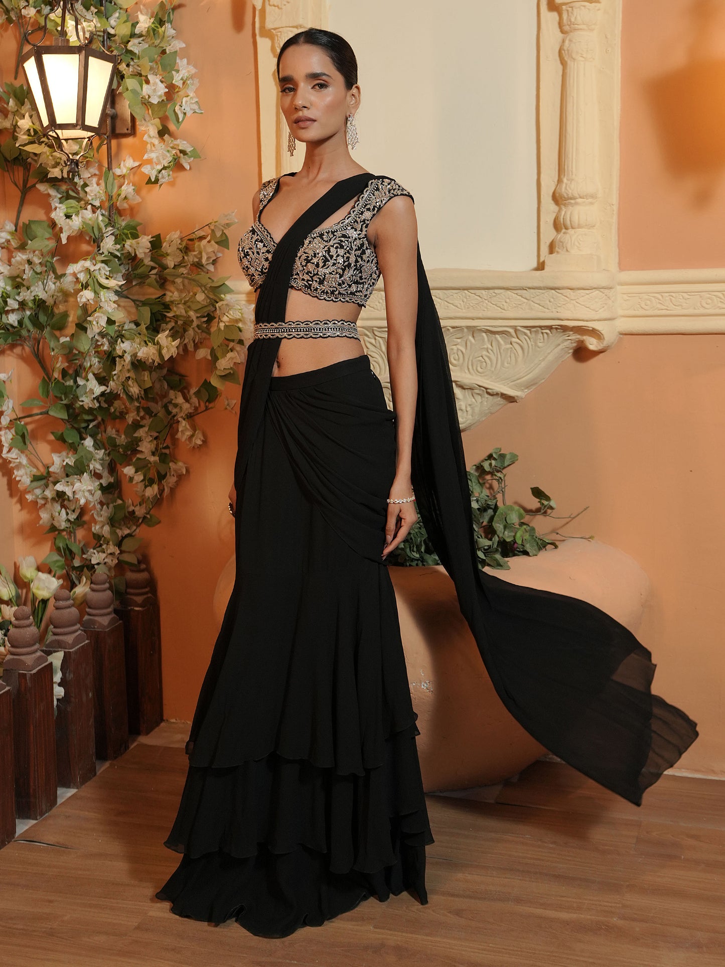 Black Embroidered Drape Saree Set