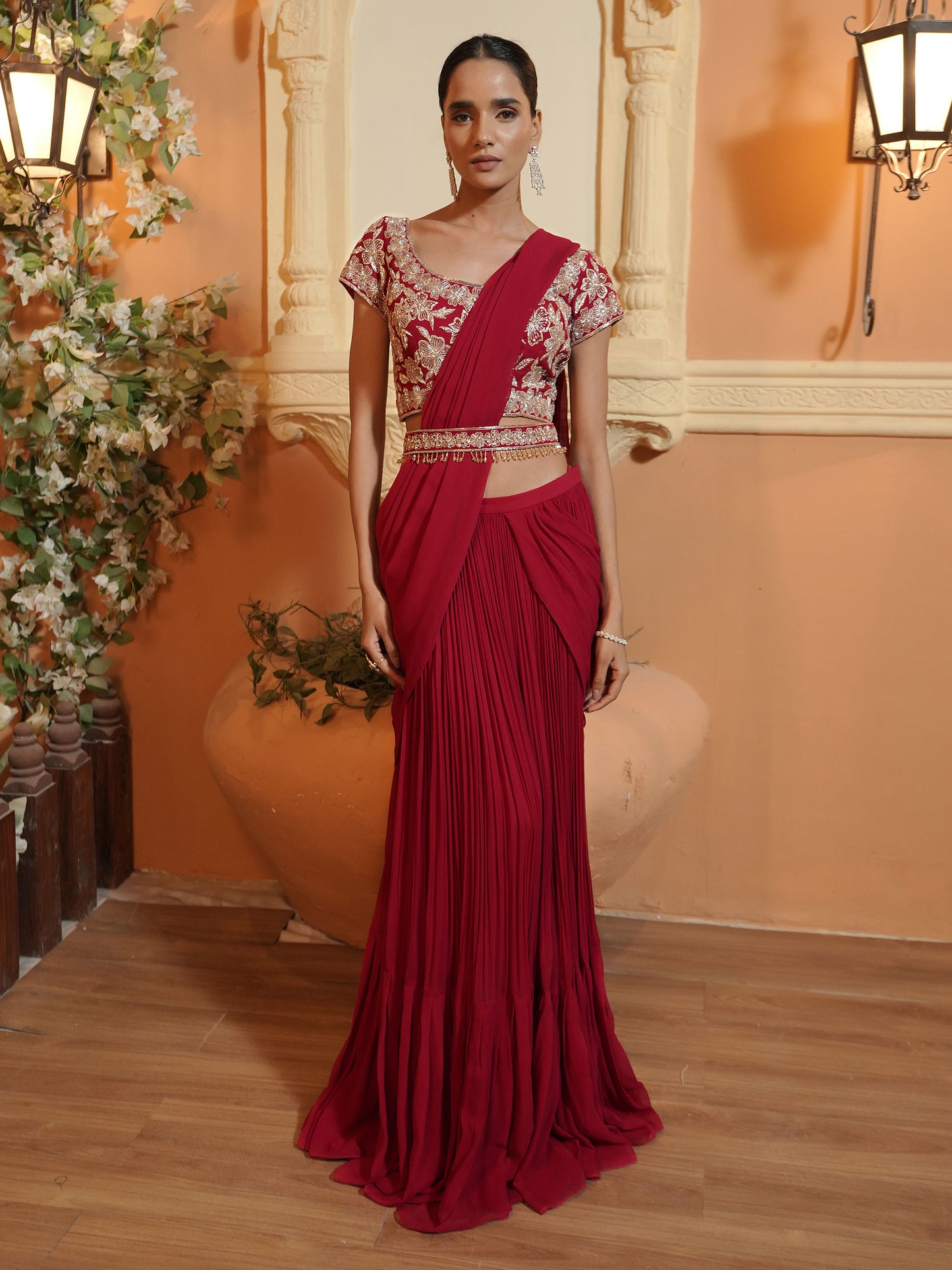 Red Hand Embroidered Drape Saree Set