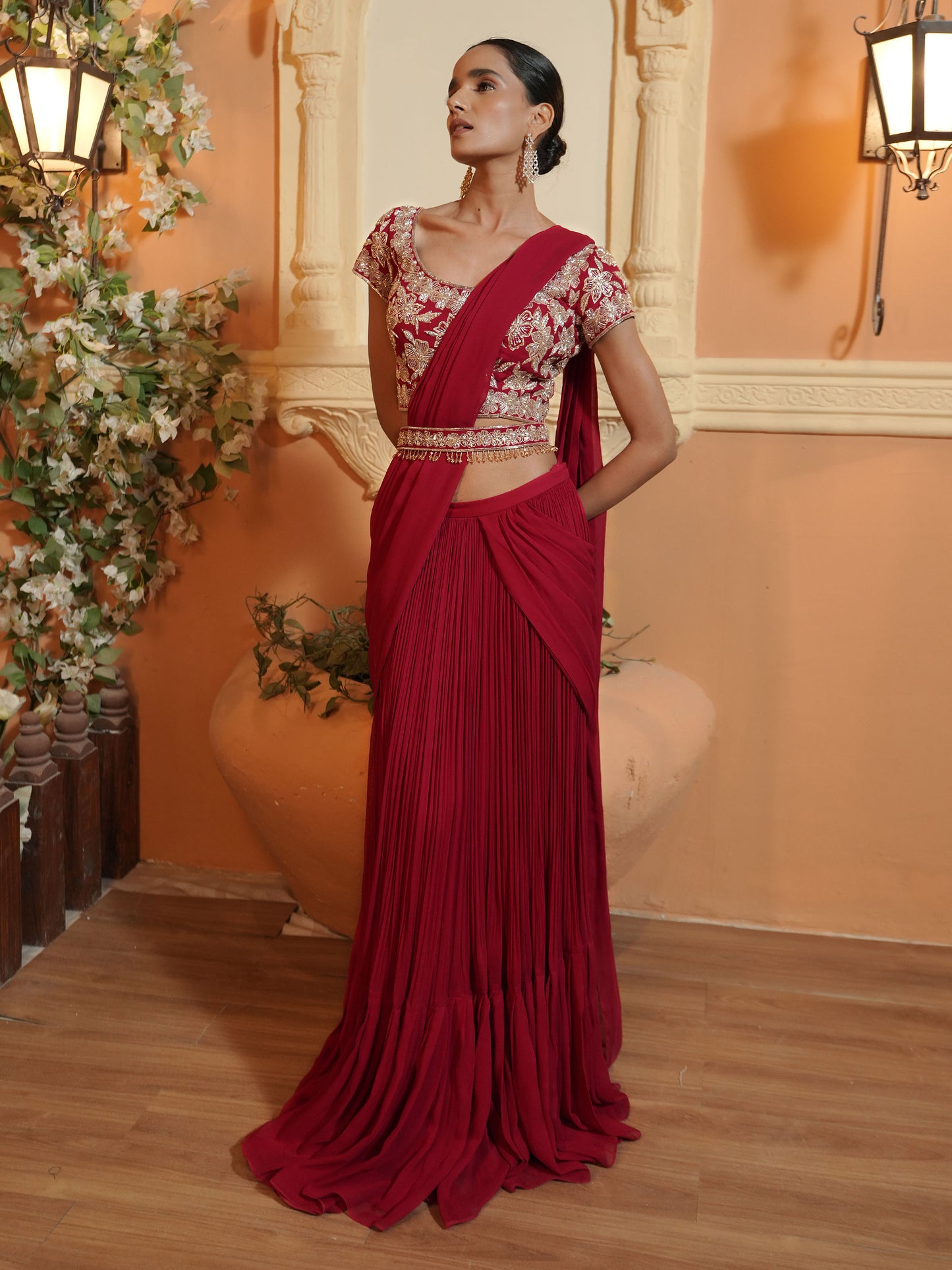 Red Hand Embroidered Drape Saree Set