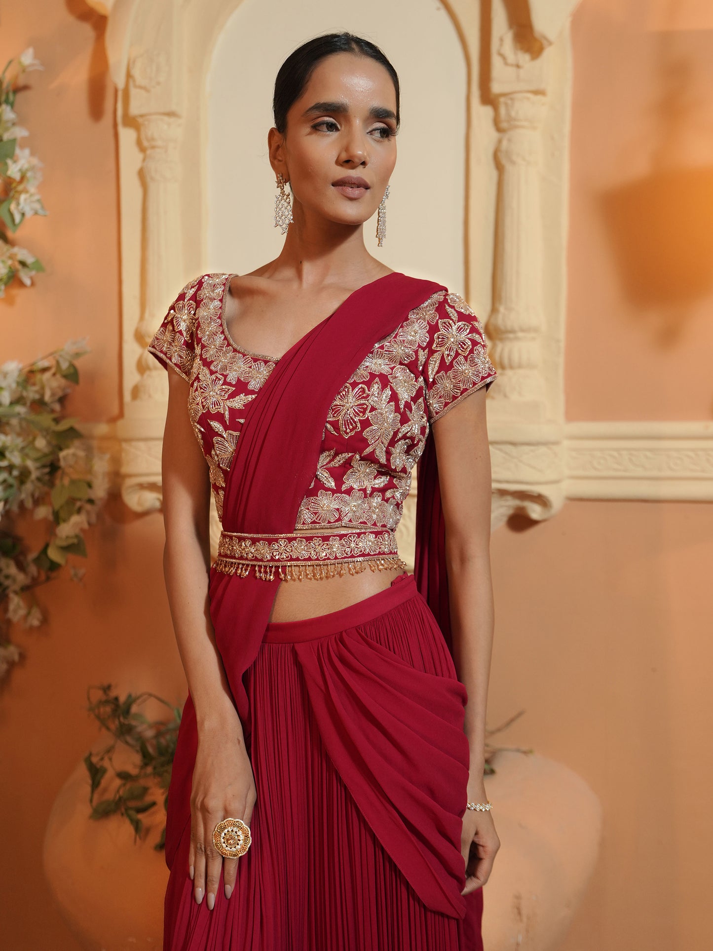 Red Hand Embroidered Drape Saree Set