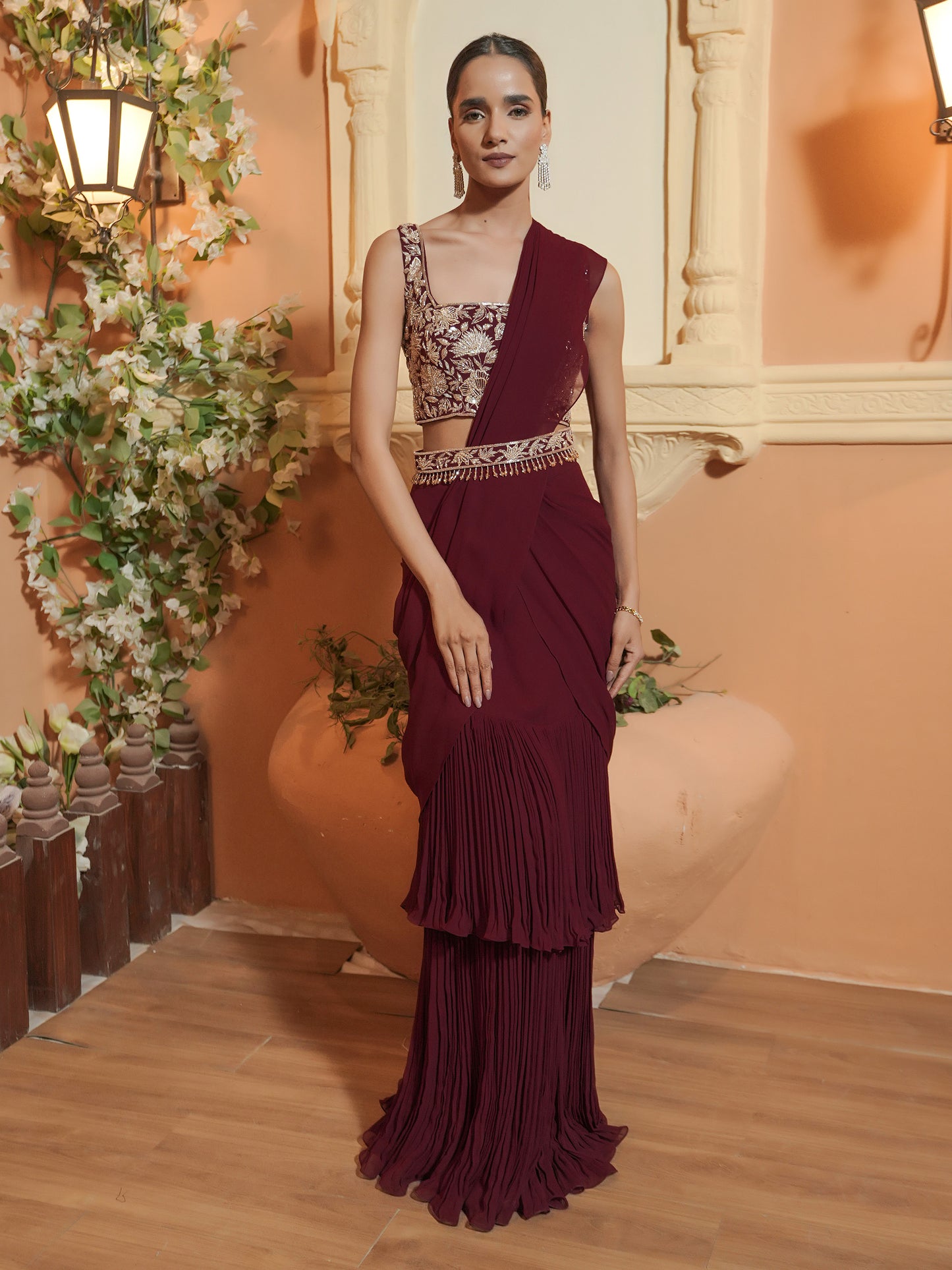 Maroon Hand Embroidered Drape Saree Set