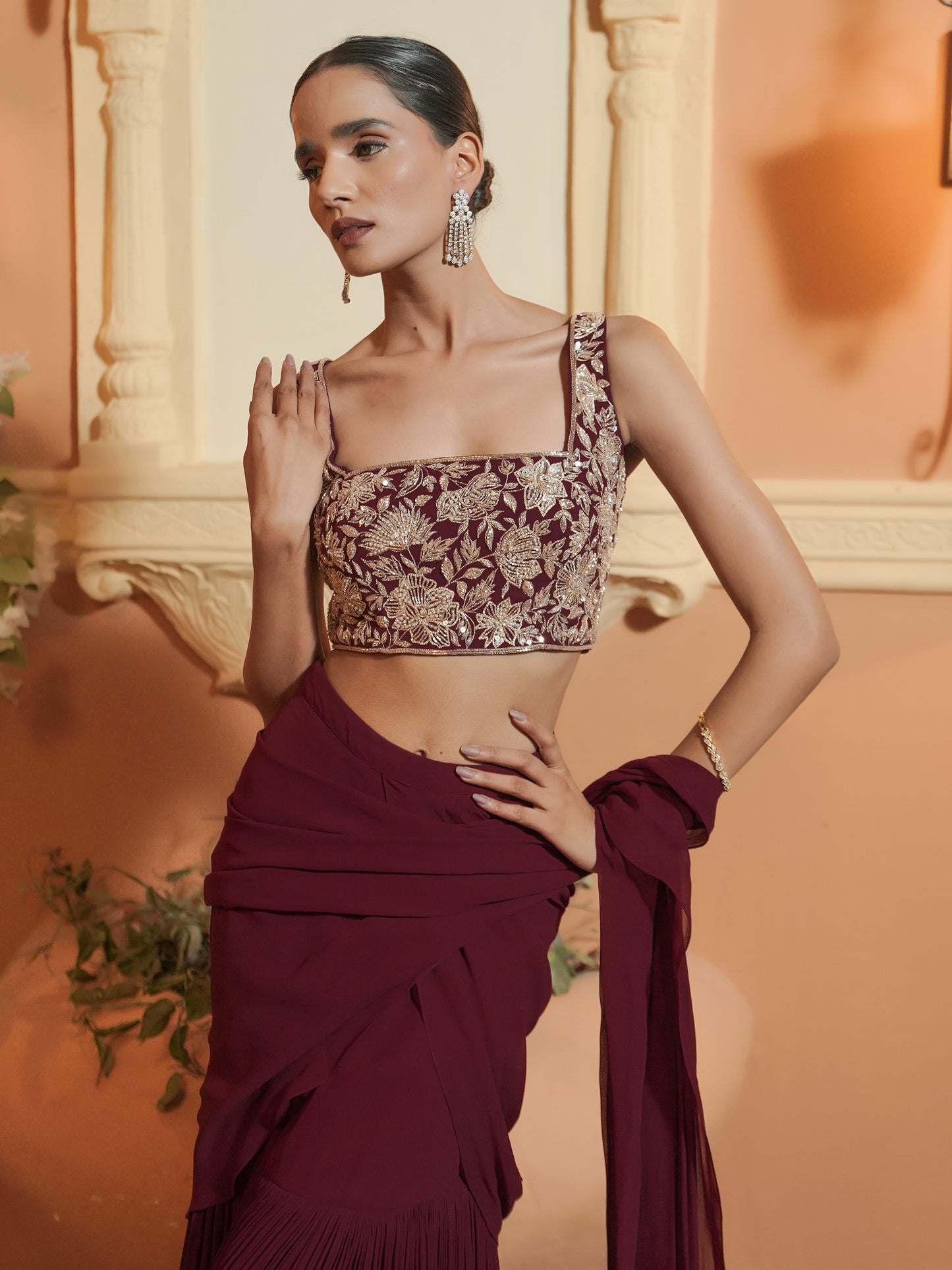 Maroon Hand Embroidered Drape Saree Set