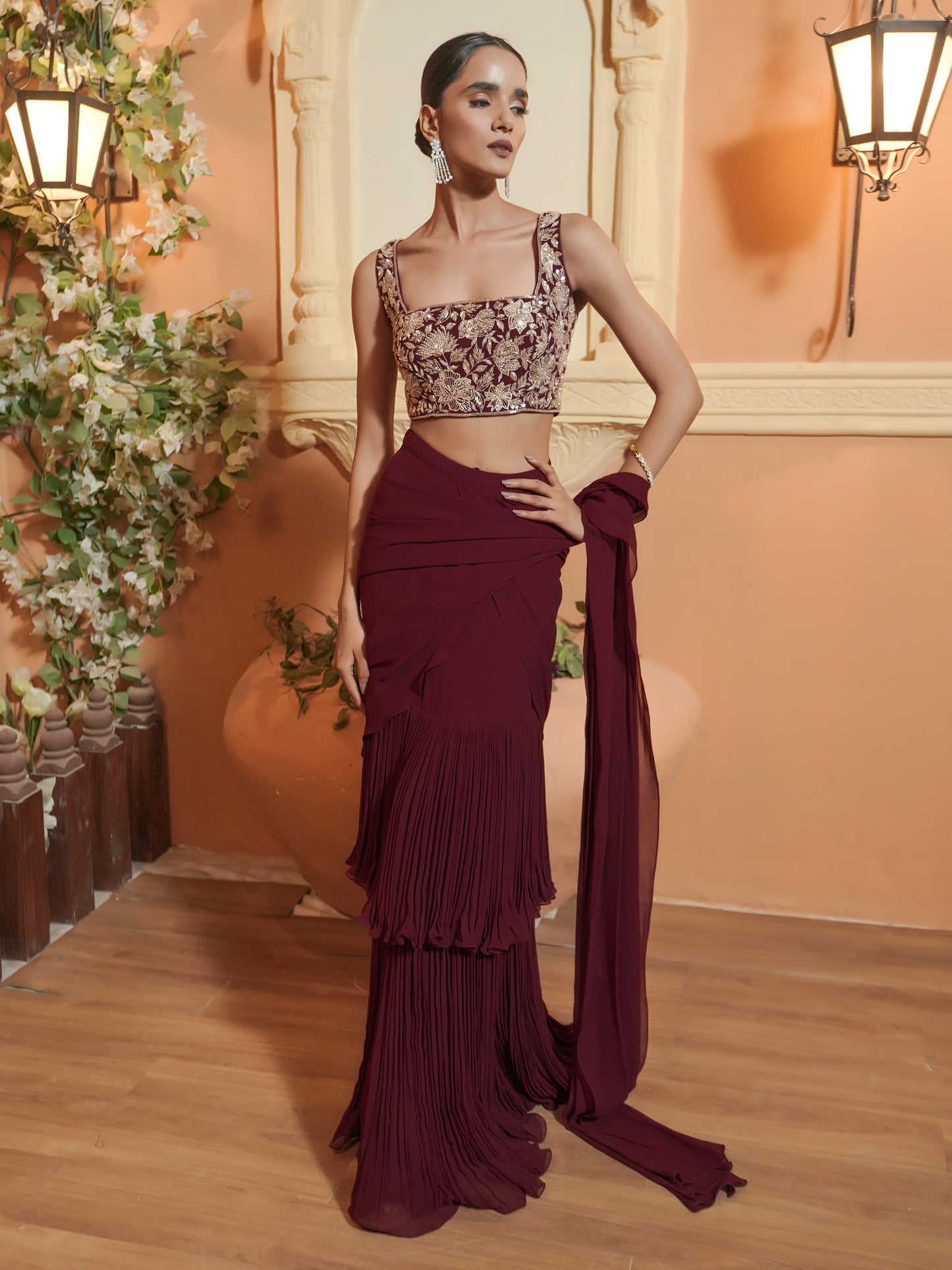 Maroon Hand Embroidered Drape Saree Set