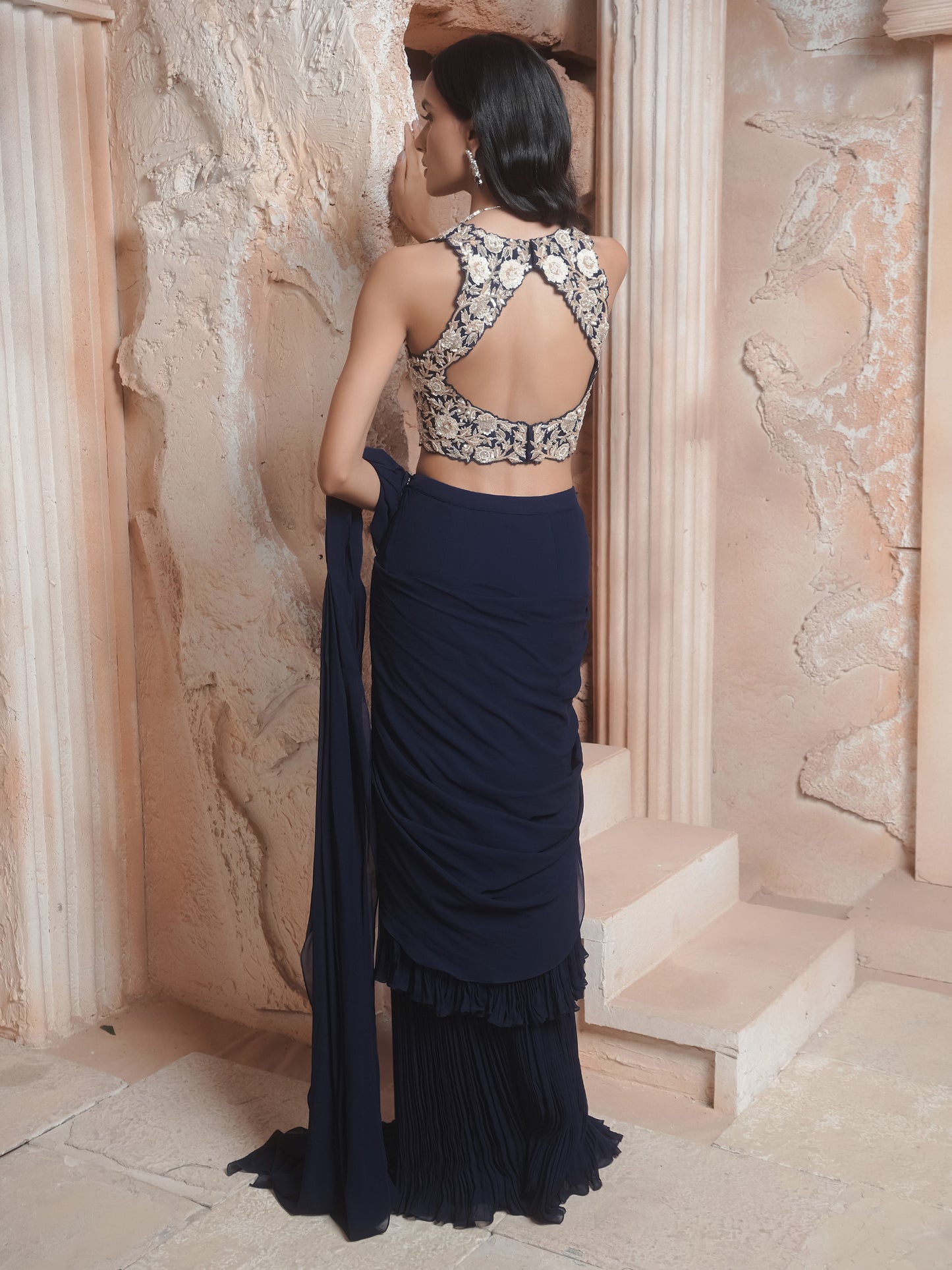 Navy Embroidered Drape Saree Set