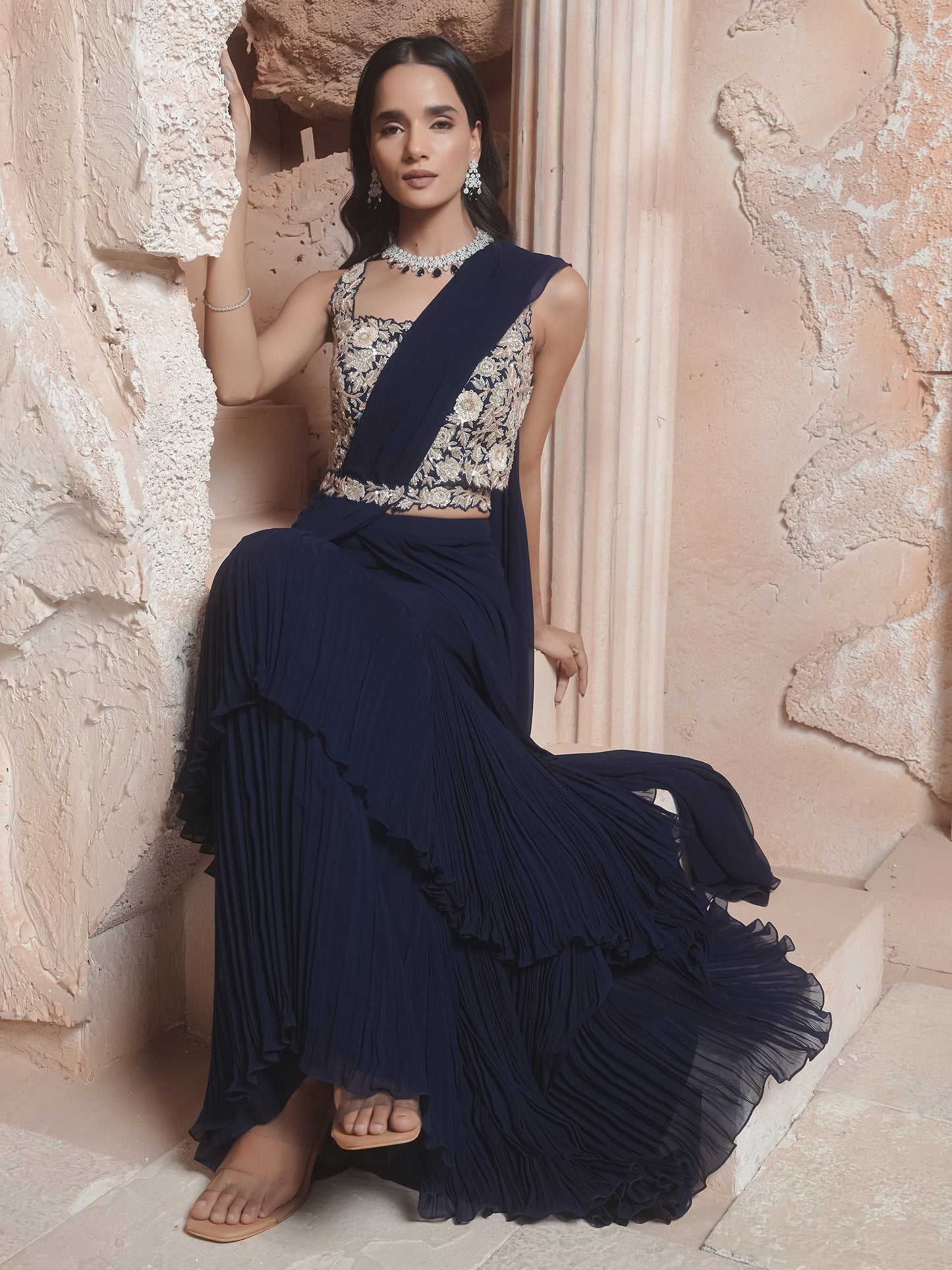 Navy Embroidered Drape Saree Set