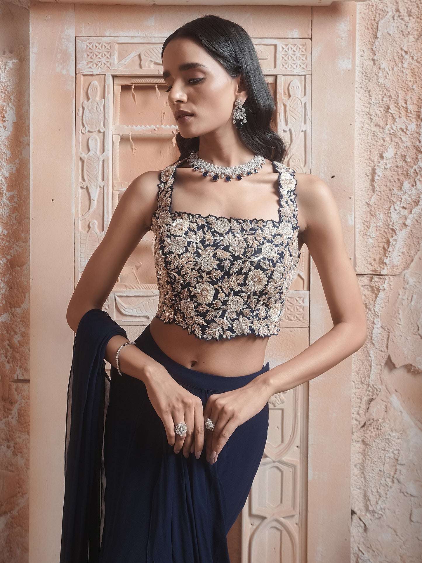 Navy Embroidered Drape Saree Set