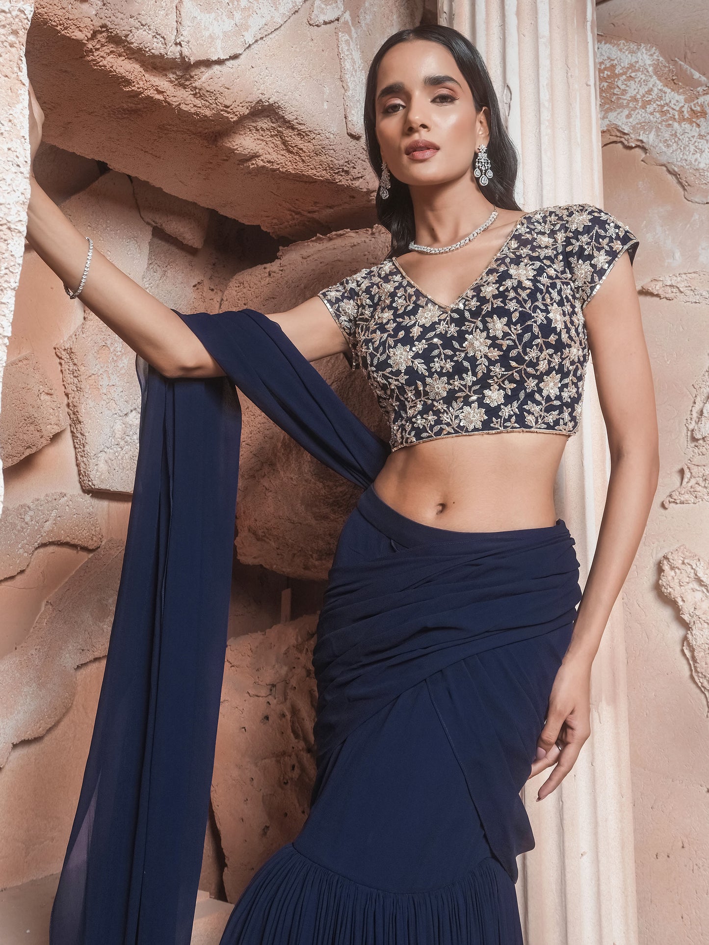 Navy Hand Embroidered Drape Saree Set