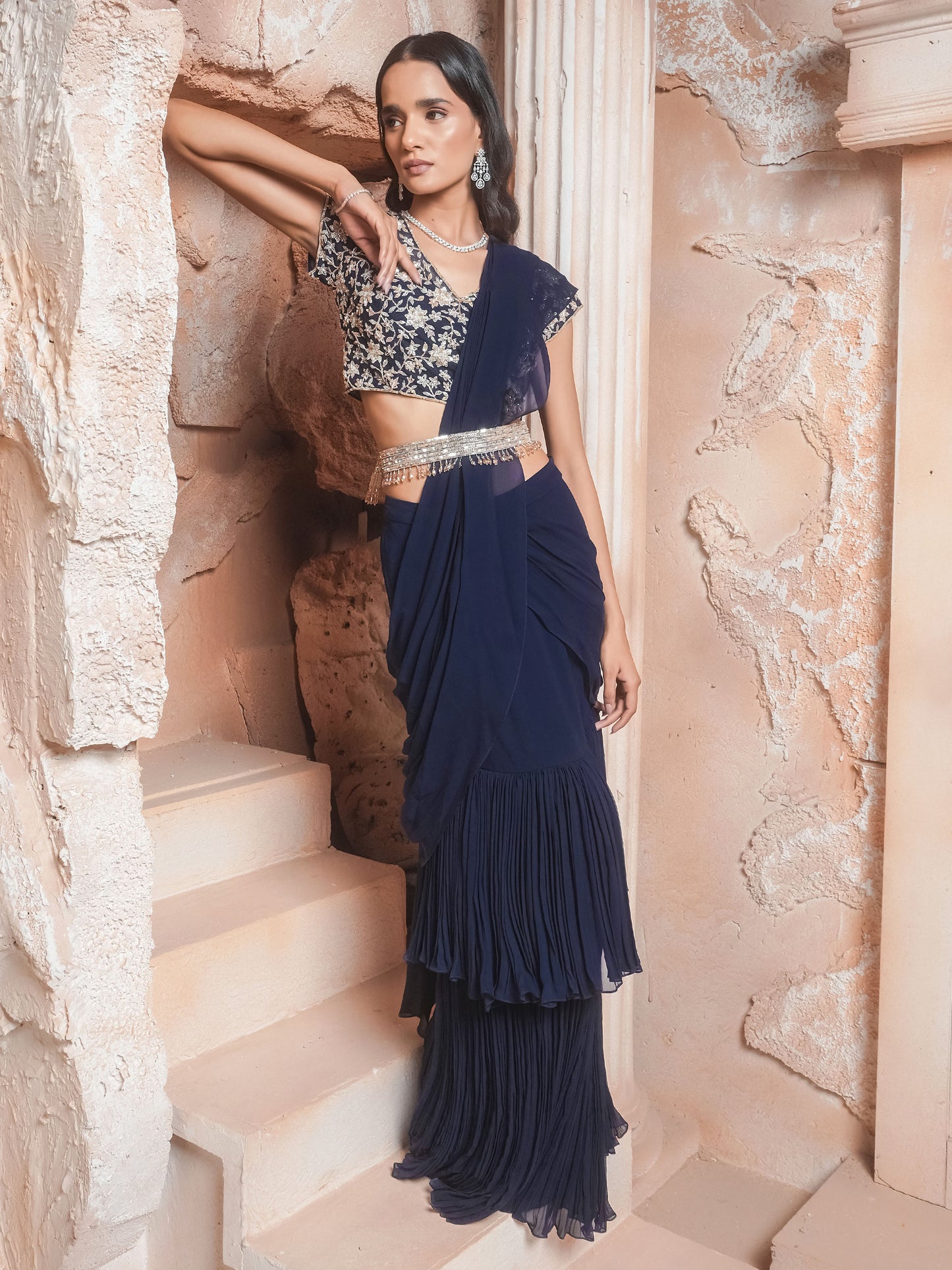 Navy Hand Embroidered Drape Saree Set