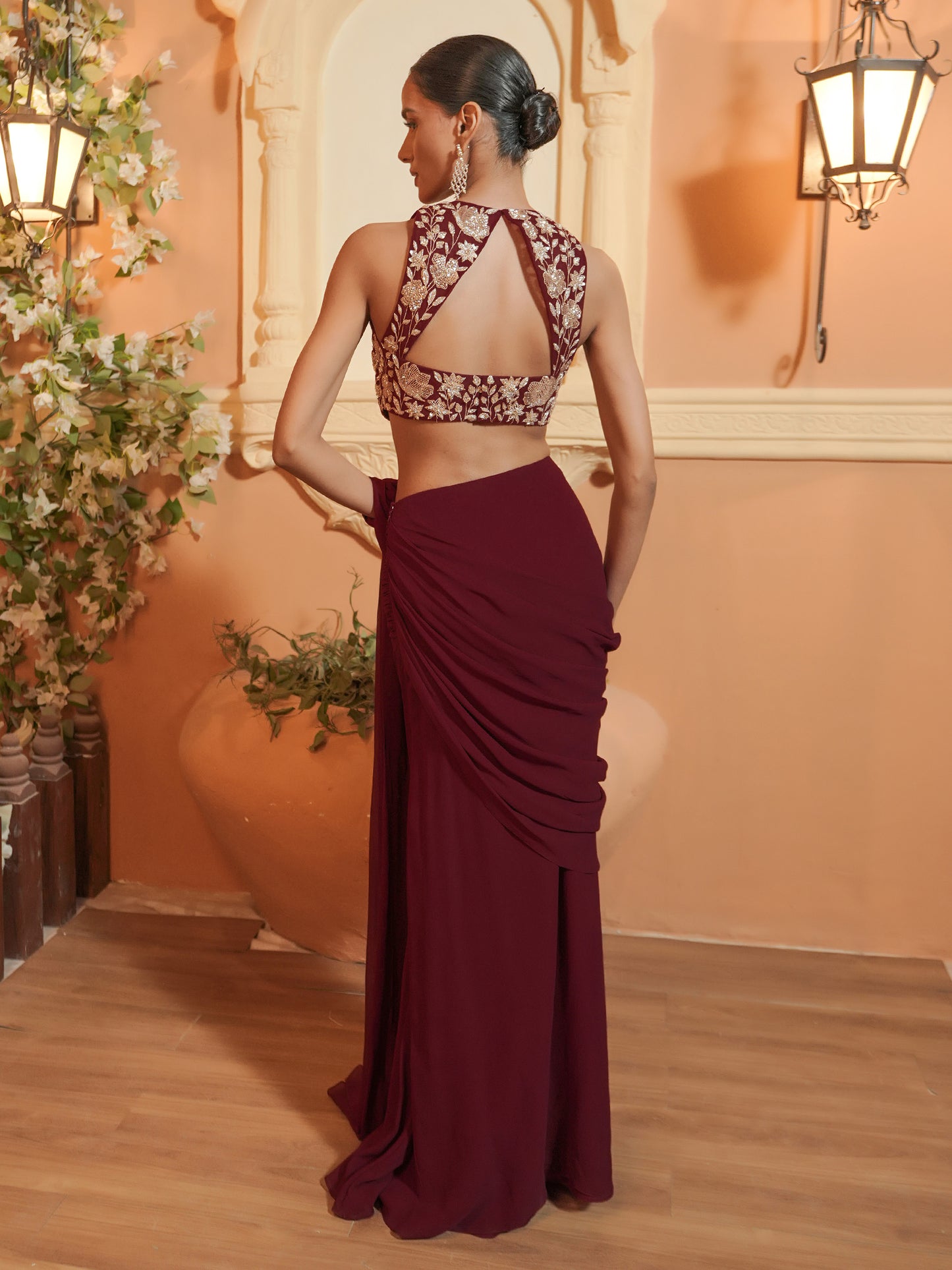 Maroon Hand Embroidered Drape Saree Set