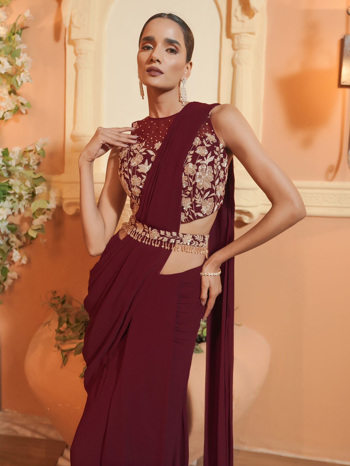 Maroon Hand Embroidered Drape Saree Set