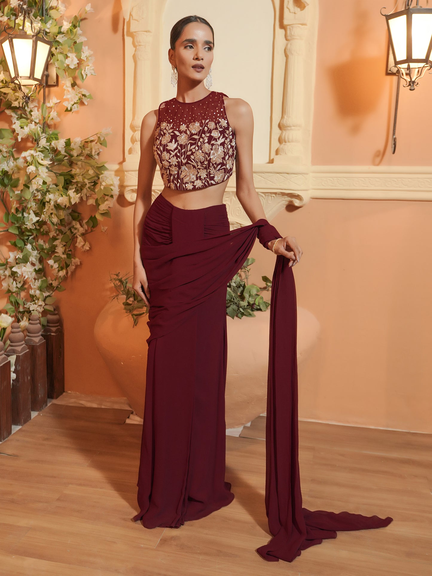 Maroon Hand Embroidered Drape Saree Set