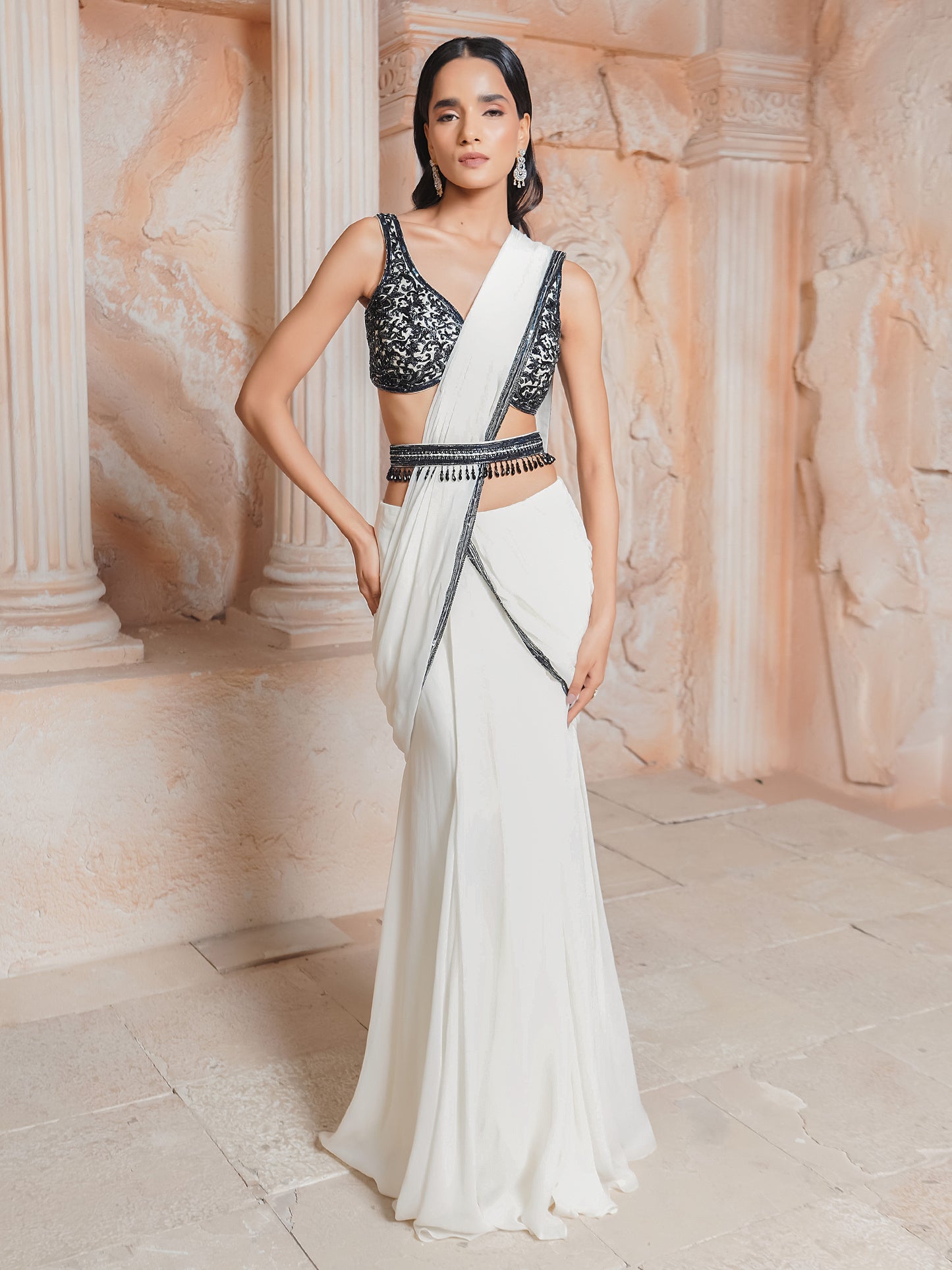 Ivory Embroidered Drape Saree Set