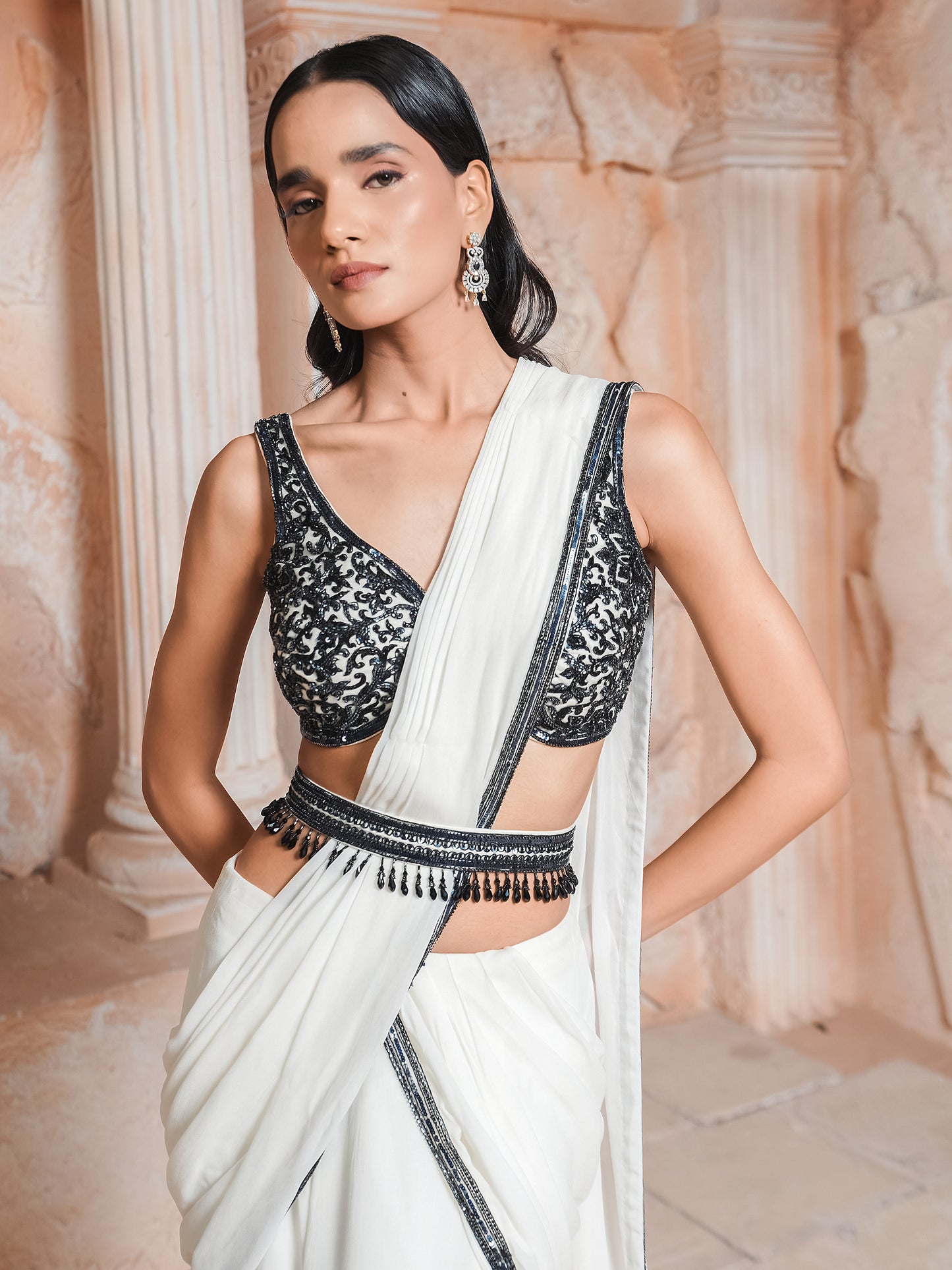 Ivory Embroidered Drape Saree Set