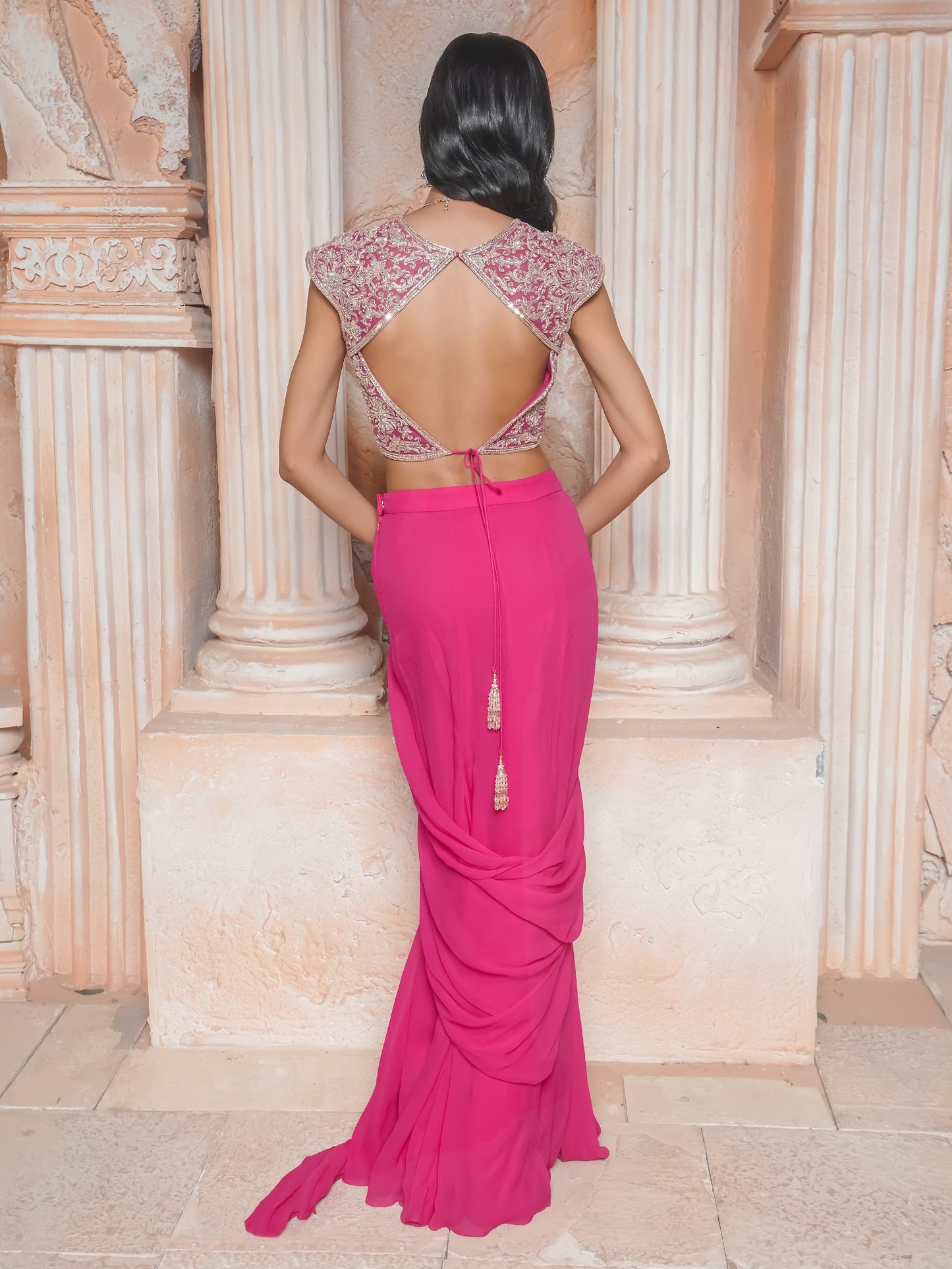 Fushcia Pink Drape Saree Set