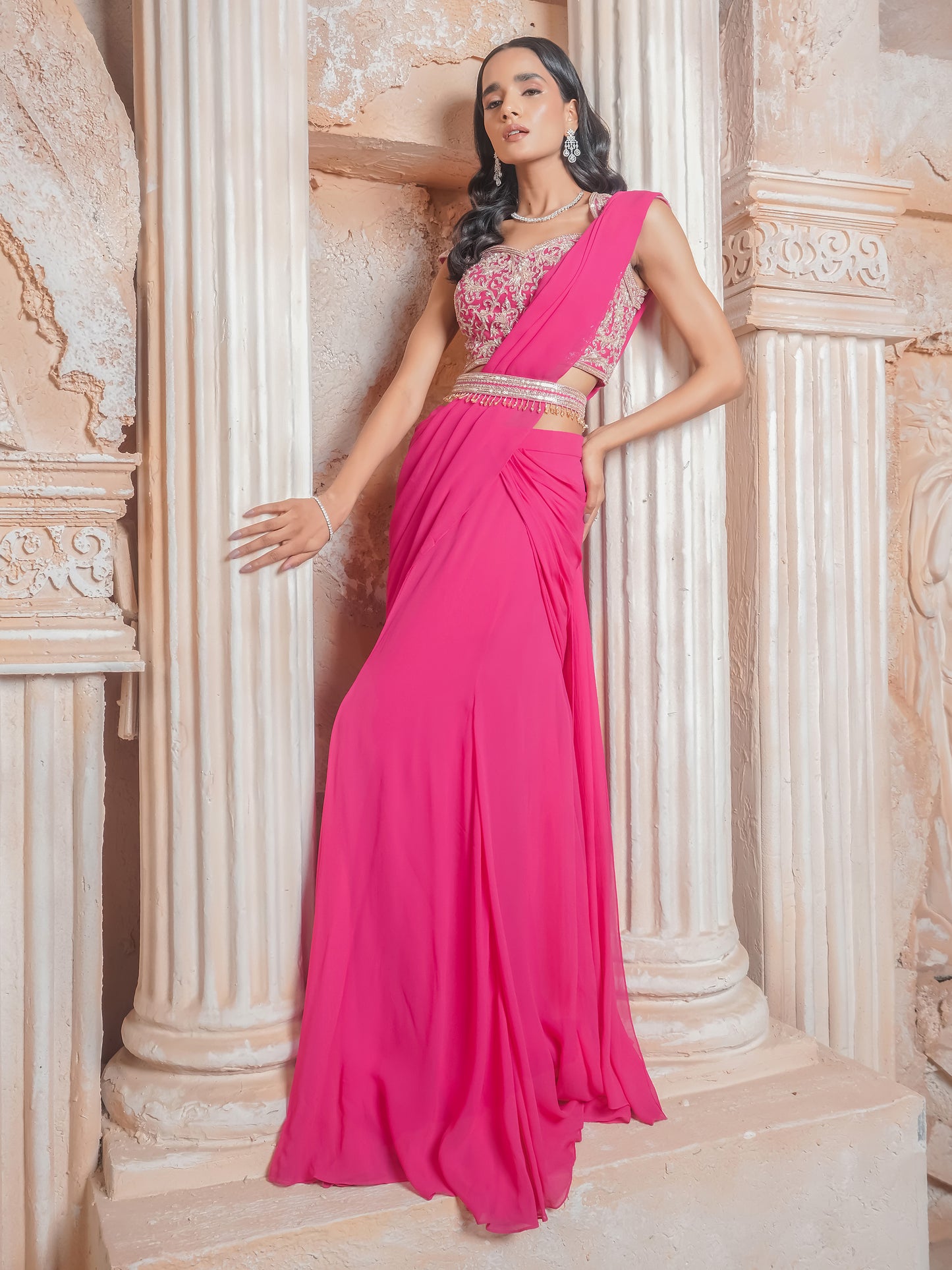 Fushcia Pink Drape Saree Set