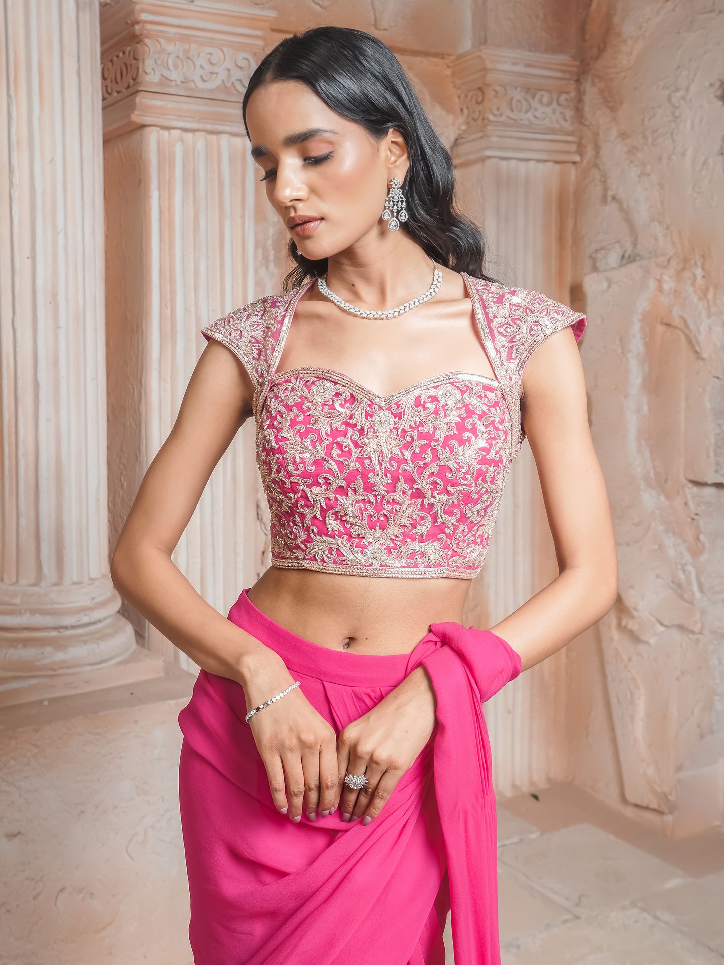 Fushcia Pink Drape Saree Set