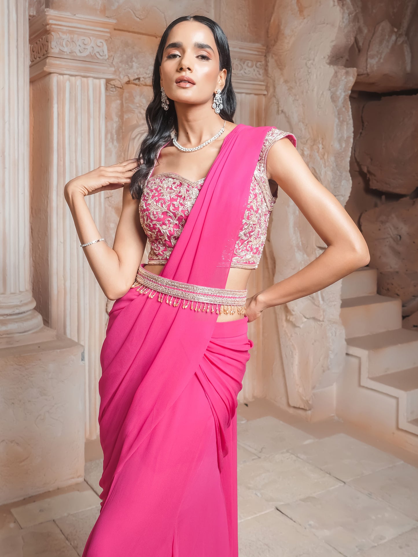 Fushcia Pink Drape Saree Set