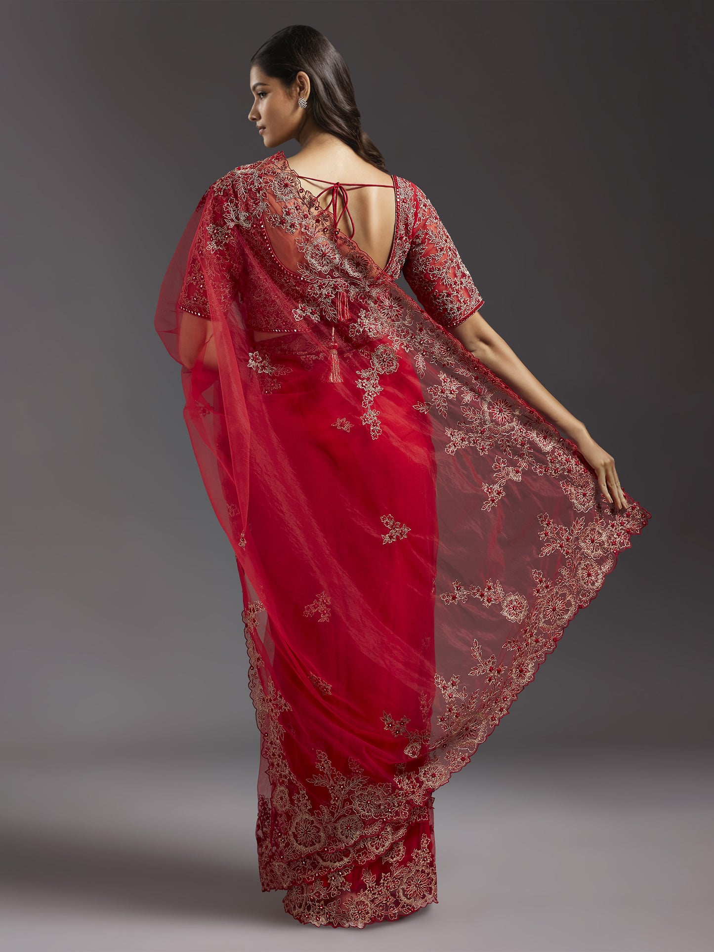 Maroon Net Mirror Work Saree Set