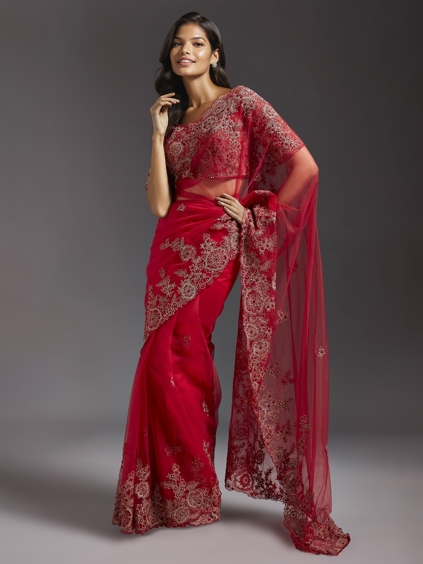 Maroon Net Mirror Work Saree Set