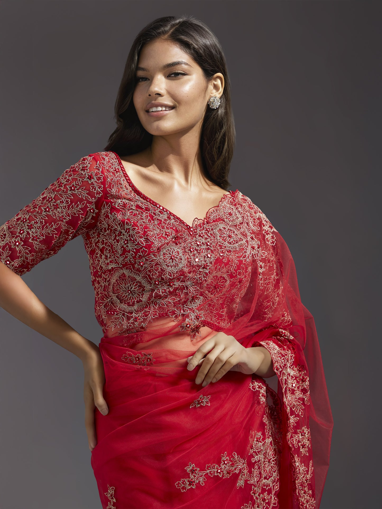 Maroon Net Mirror Work Saree Set