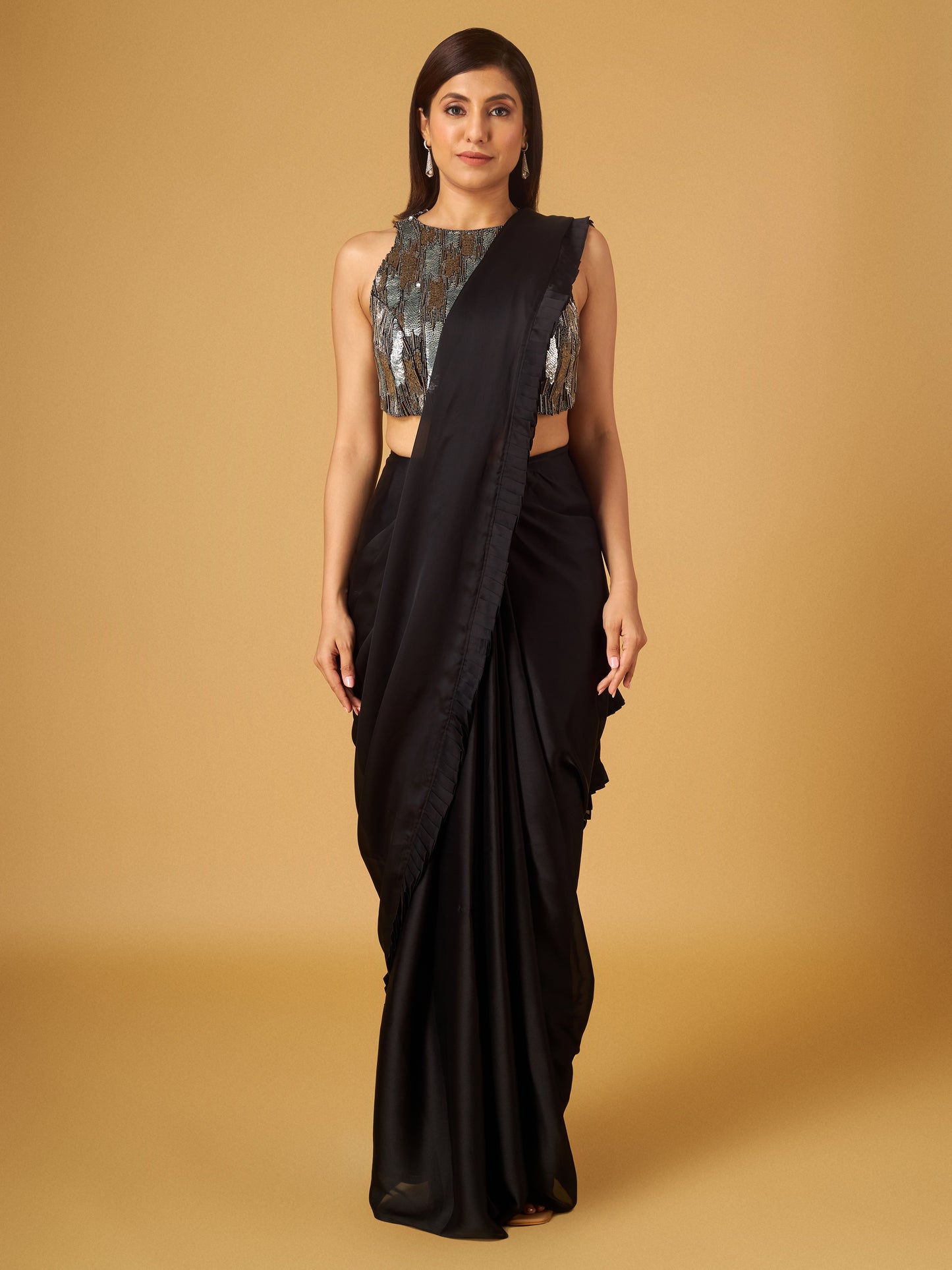 Black Satin Georgette Pre-Stitched Saree with Embroidered Blouse