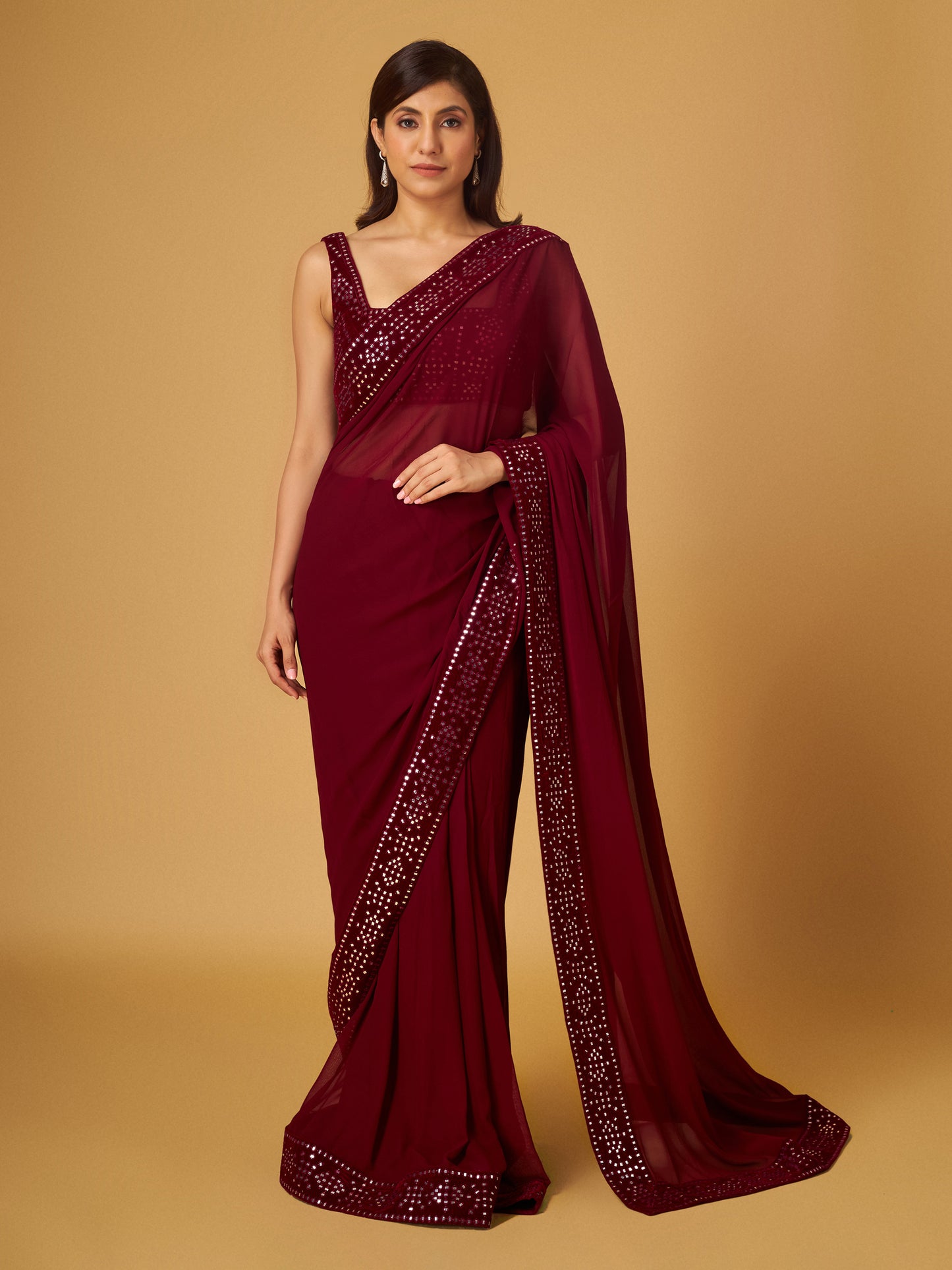 Maroon Abla Work Saree and Blouse Set