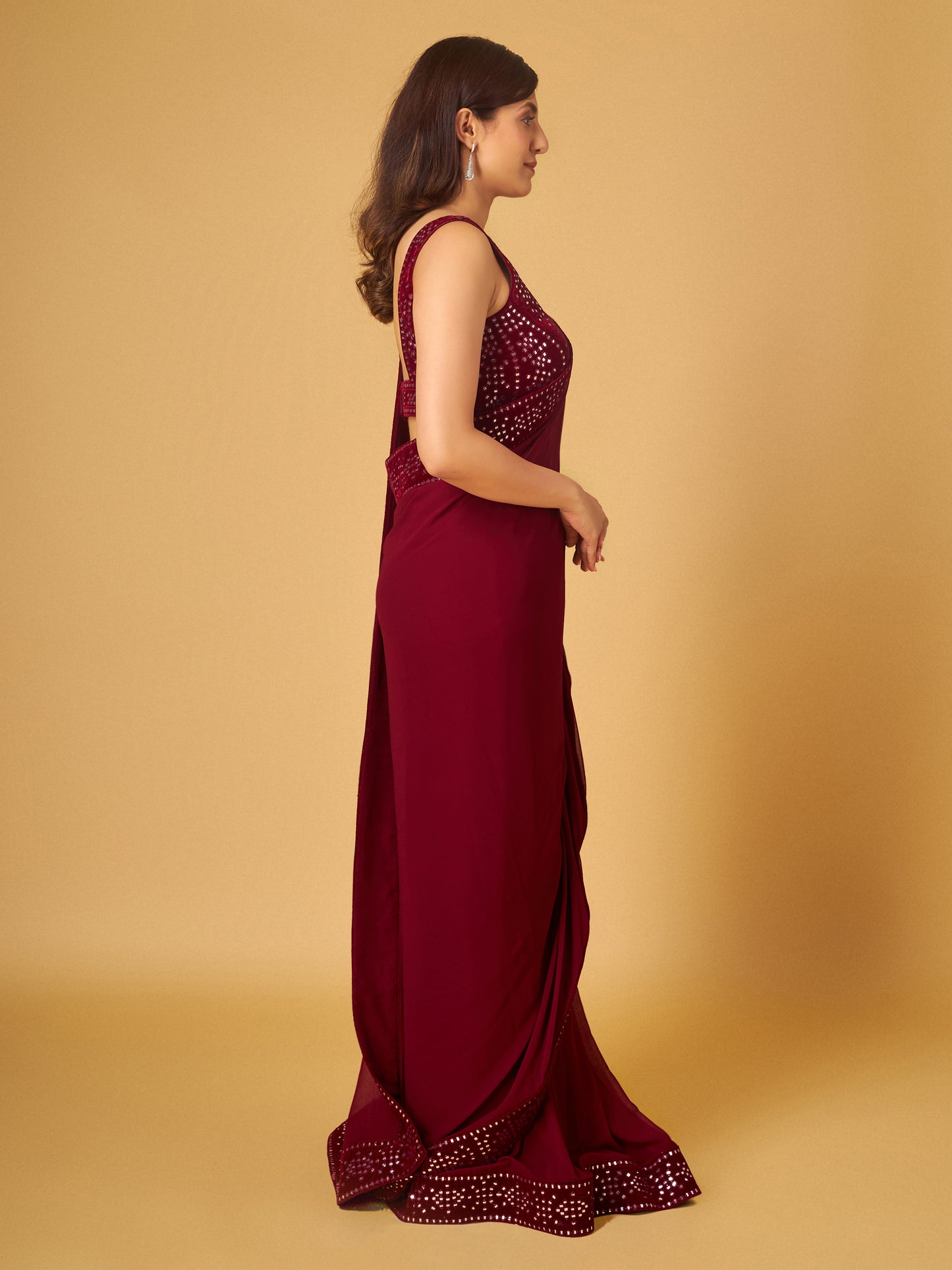 Maroon Abla Work Saree and Blouse Set