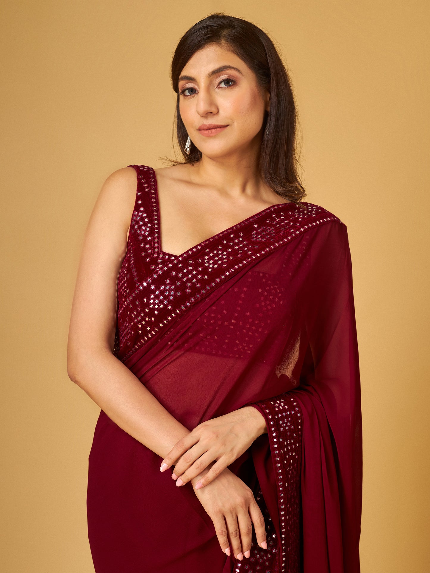 Maroon Abla Work Saree and Blouse Set