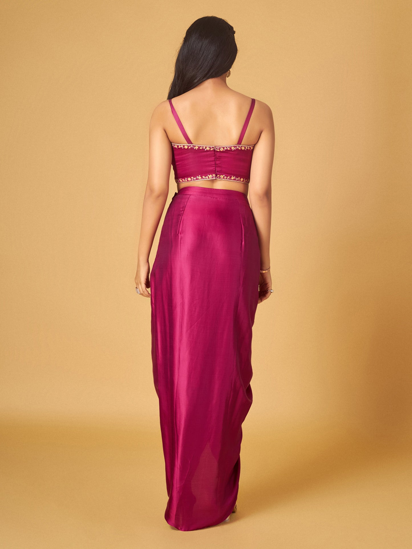 Festive Fuchsia Modal Satin Embroidered Cape and Draped Skirt Set