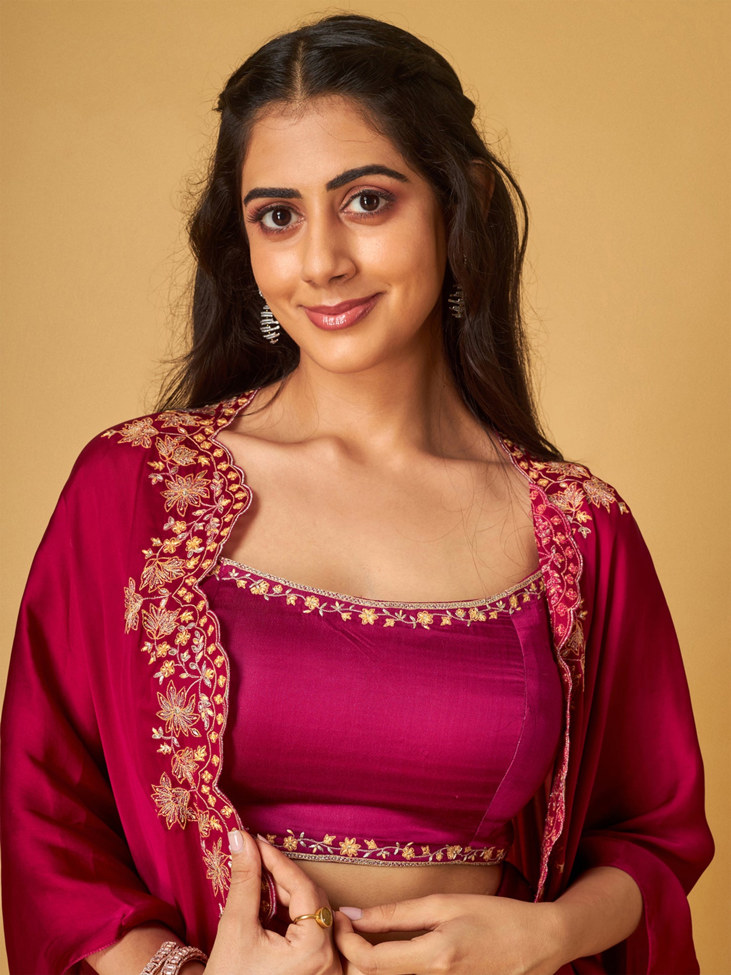 Festive Fuchsia Modal Satin Embroidered Cape and Draped Skirt Set