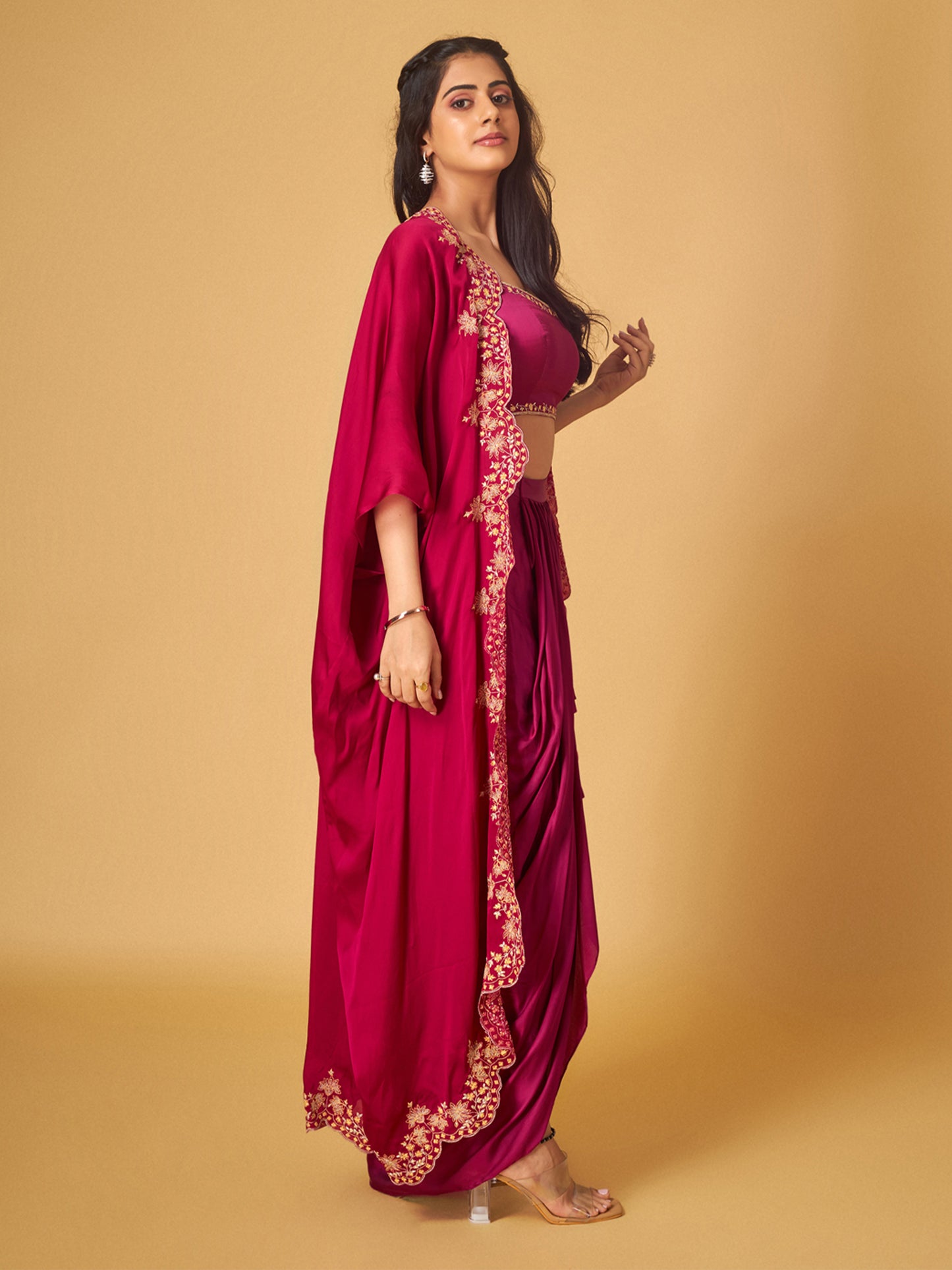Festive Fuchsia Modal Satin Embroidered Cape and Draped Skirt Set
