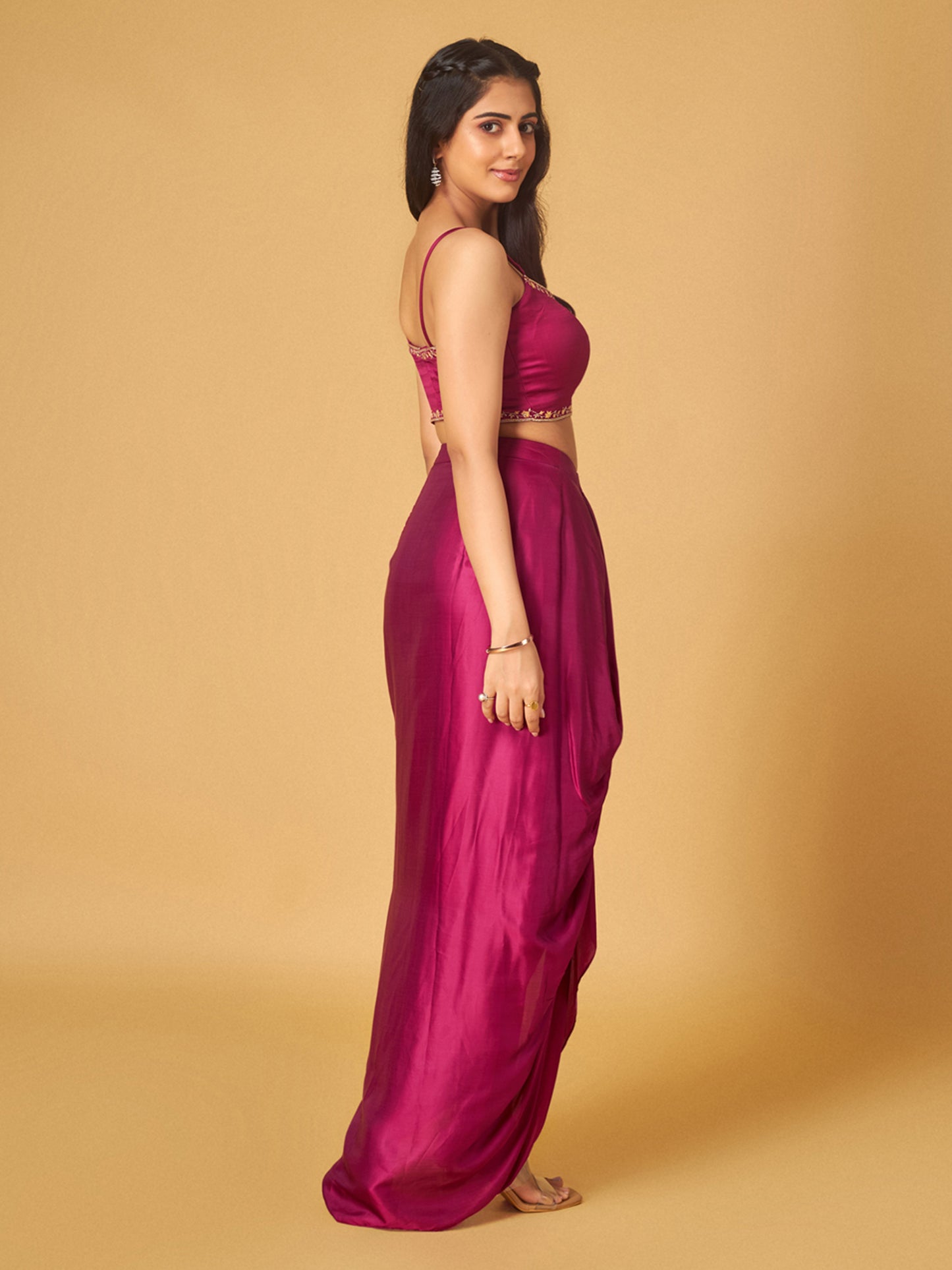Festive Fuchsia Modal Satin Embroidered Cape and Draped Skirt Set