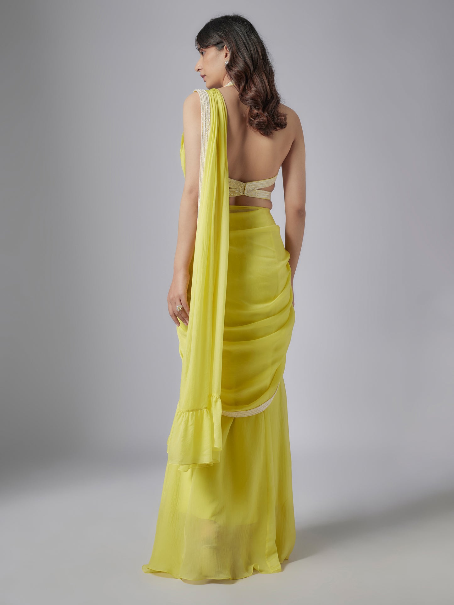Lime Green Flat Chiffon Embroiderd Pre-Stitched Saree