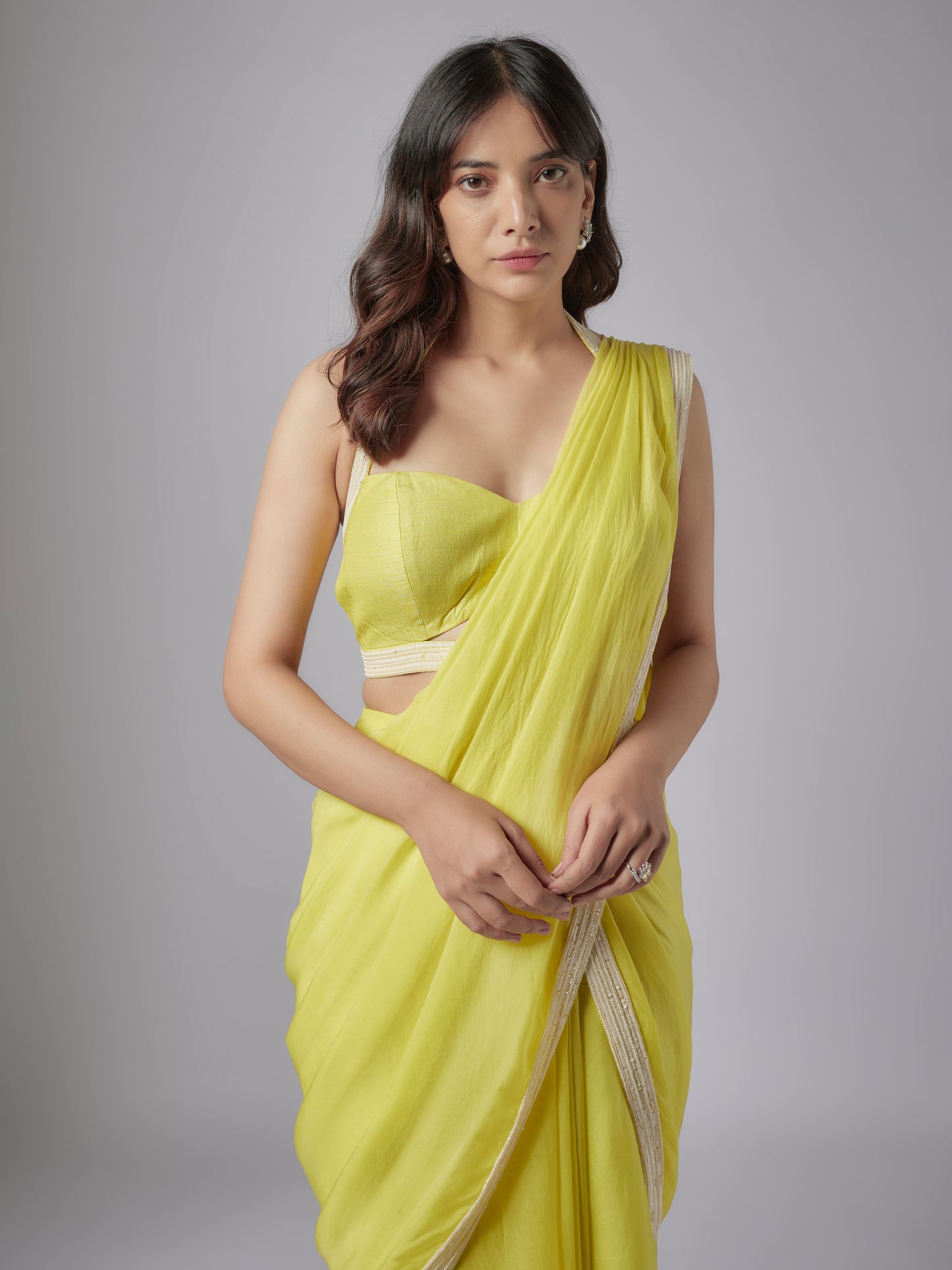Lime Green Flat Chiffon Embroiderd Pre-Stitched Saree