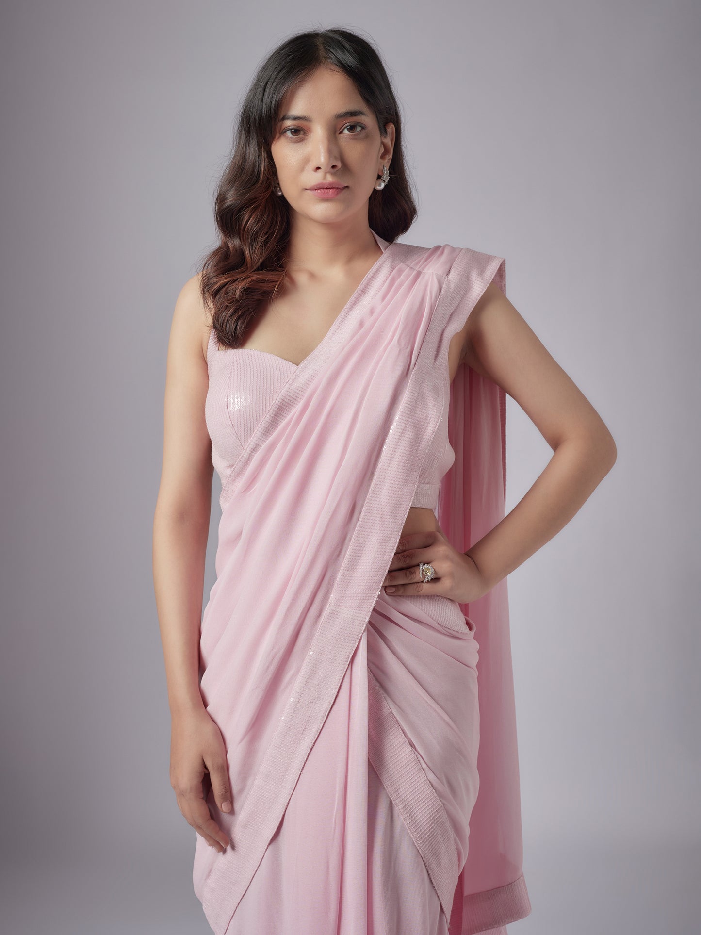 Light Pink Georgette Pre-Stitched Saree