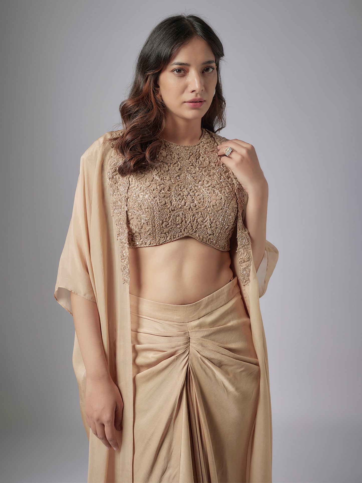 Nude Hand Embroidered Skirt Set