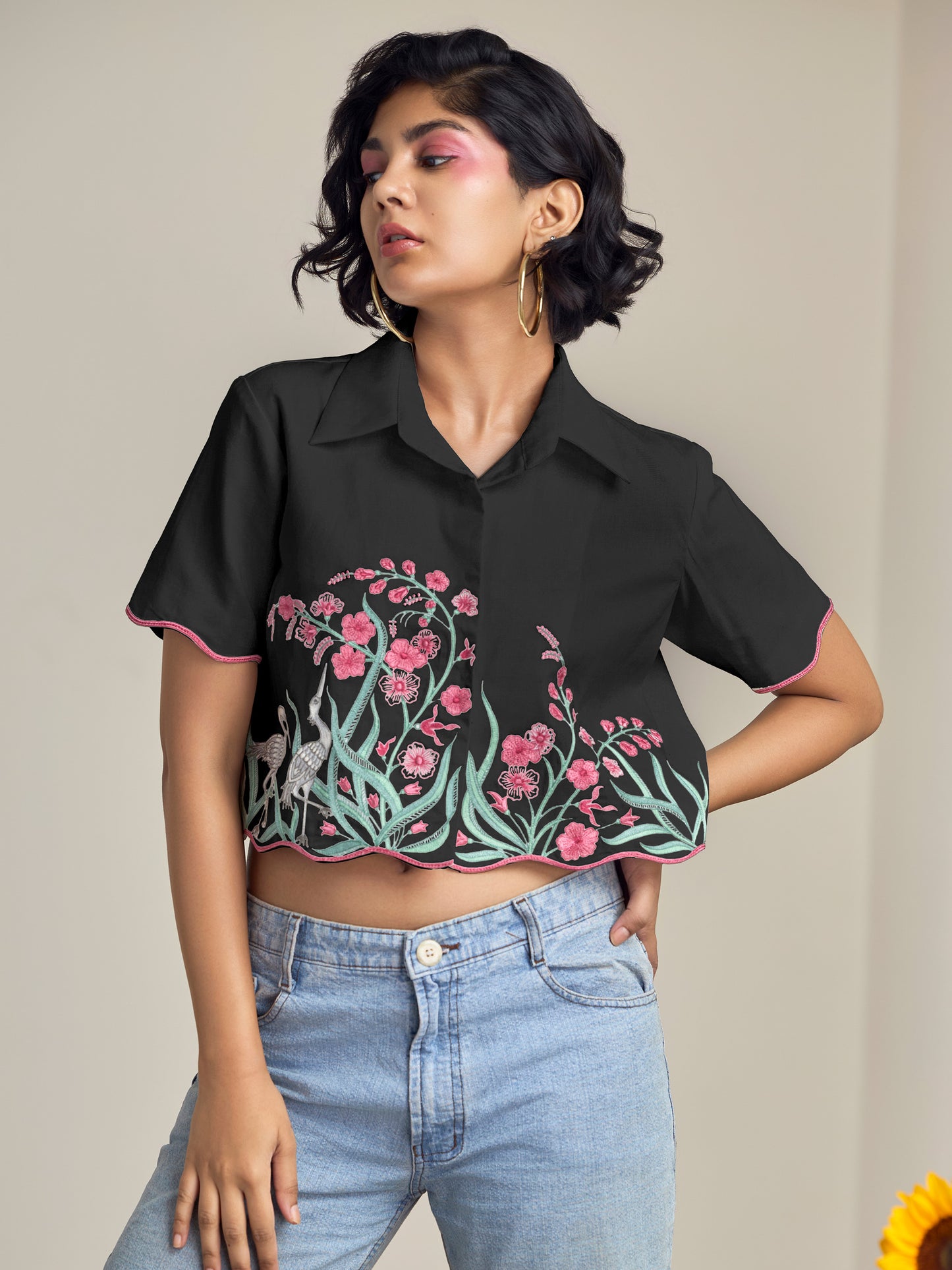 Black Flamingo Crop Shirt