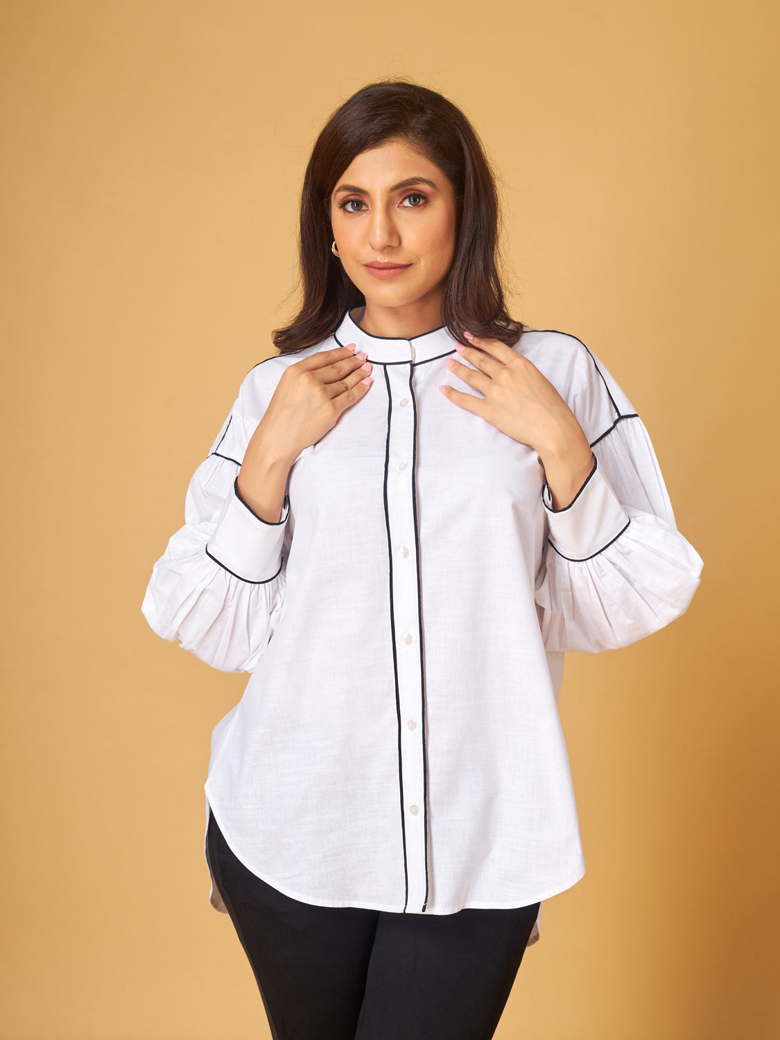 Bright White Contrast Piping Shirt with Thread Work
