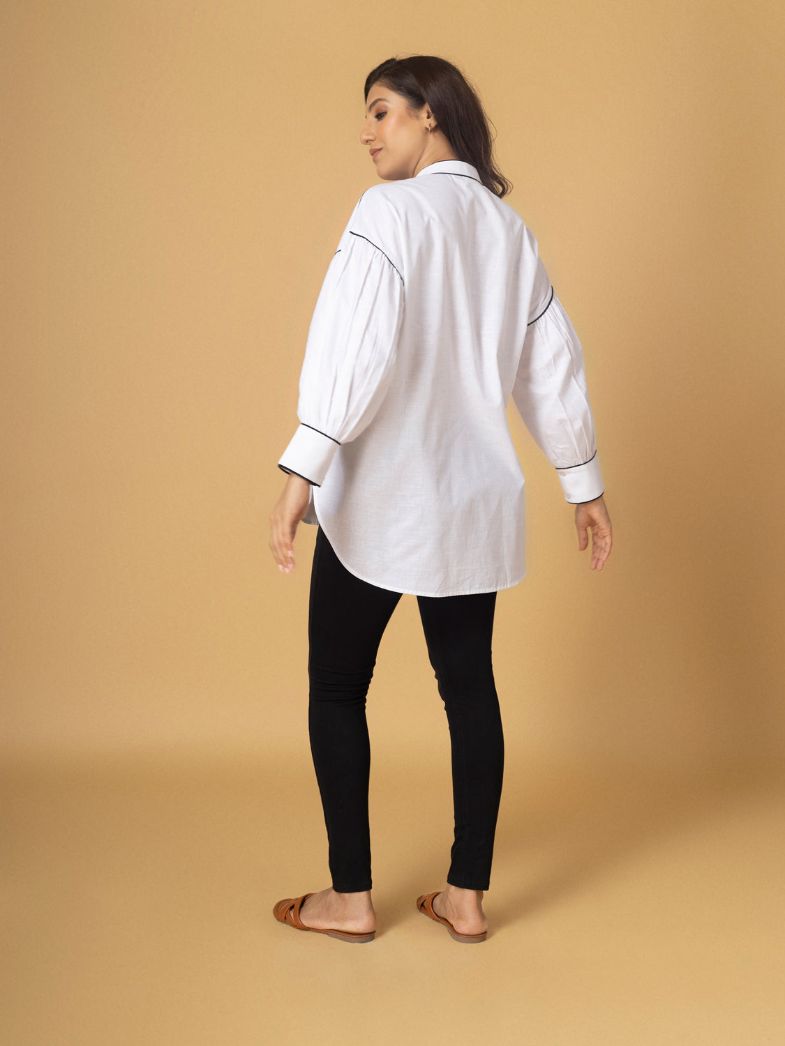 Bright White Contrast Piping Shirt with Thread Work