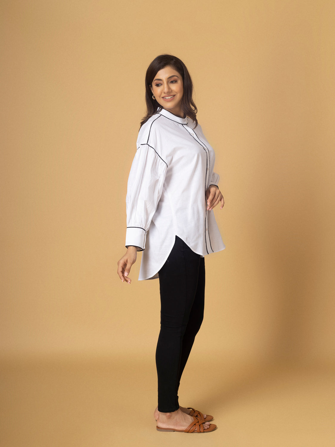 Bright White Contrast Piping Shirt with Thread Work