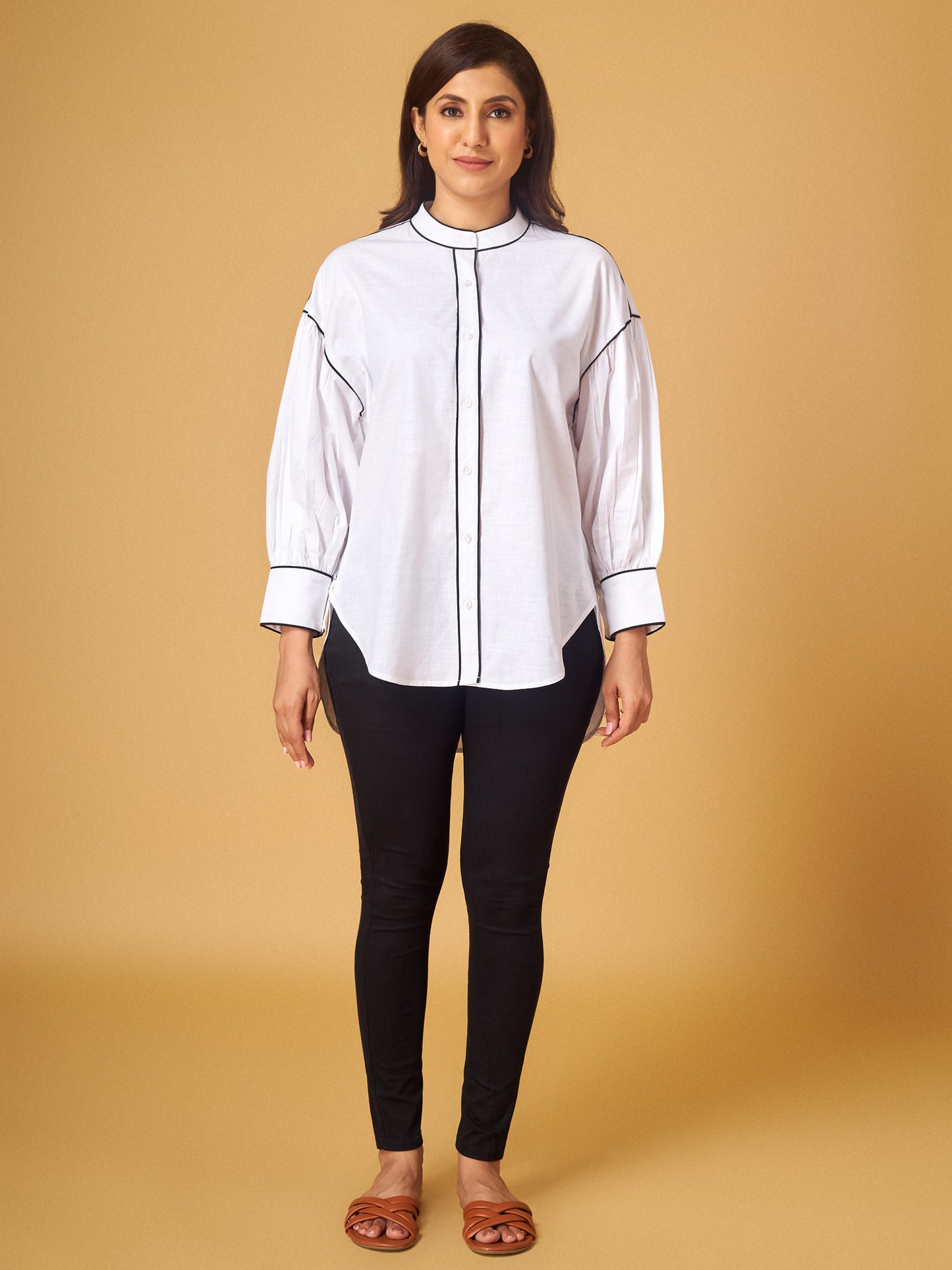 Bright White Contrast Piping Shirt with Thread Work