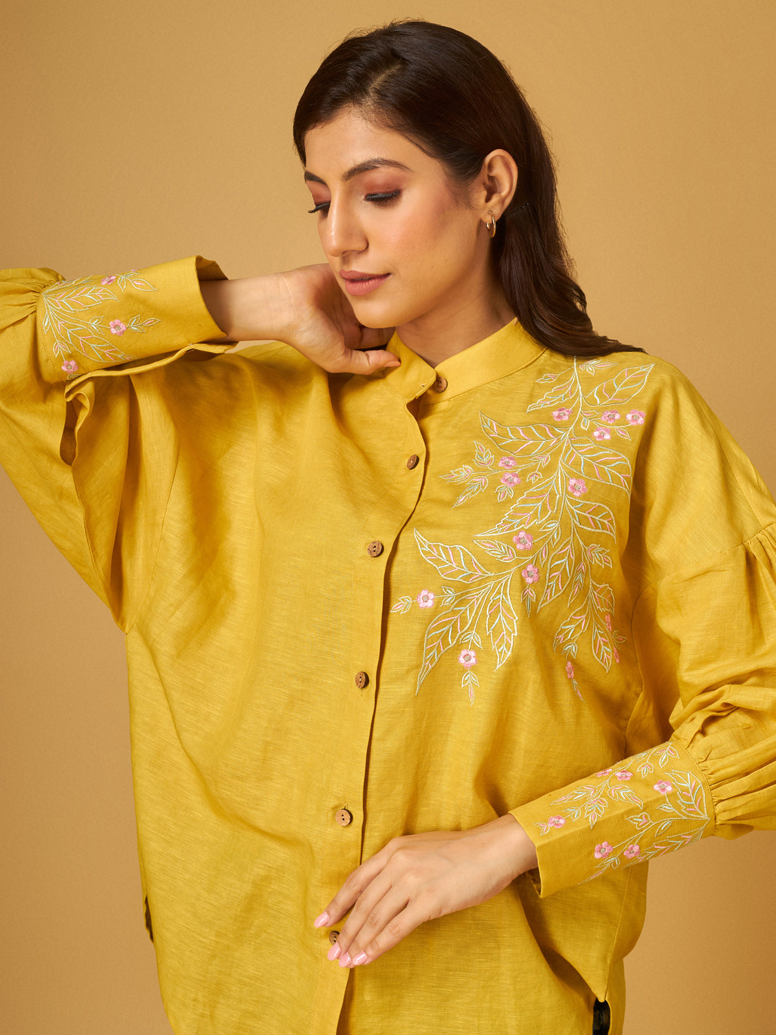 Spicy Mustard Cotton Linen Embroidered Shirt