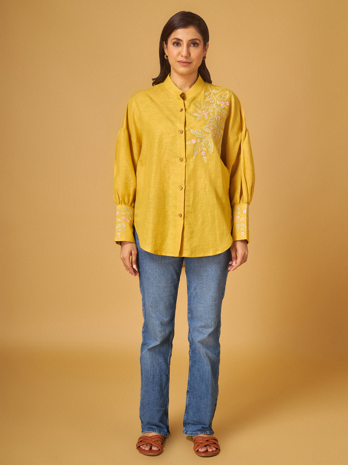 Spicy Mustard Cotton Linen Embroidered Shirt