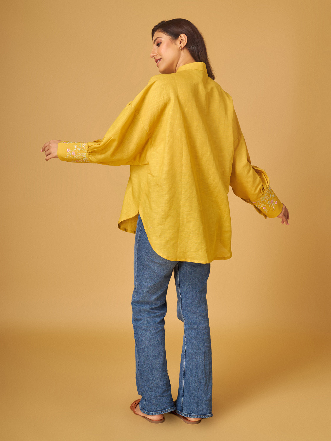 Spicy Mustard Cotton Linen Embroidered Shirt