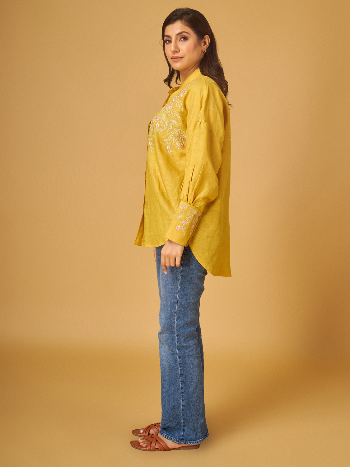 Spicy Mustard Cotton Linen Embroidered Shirt