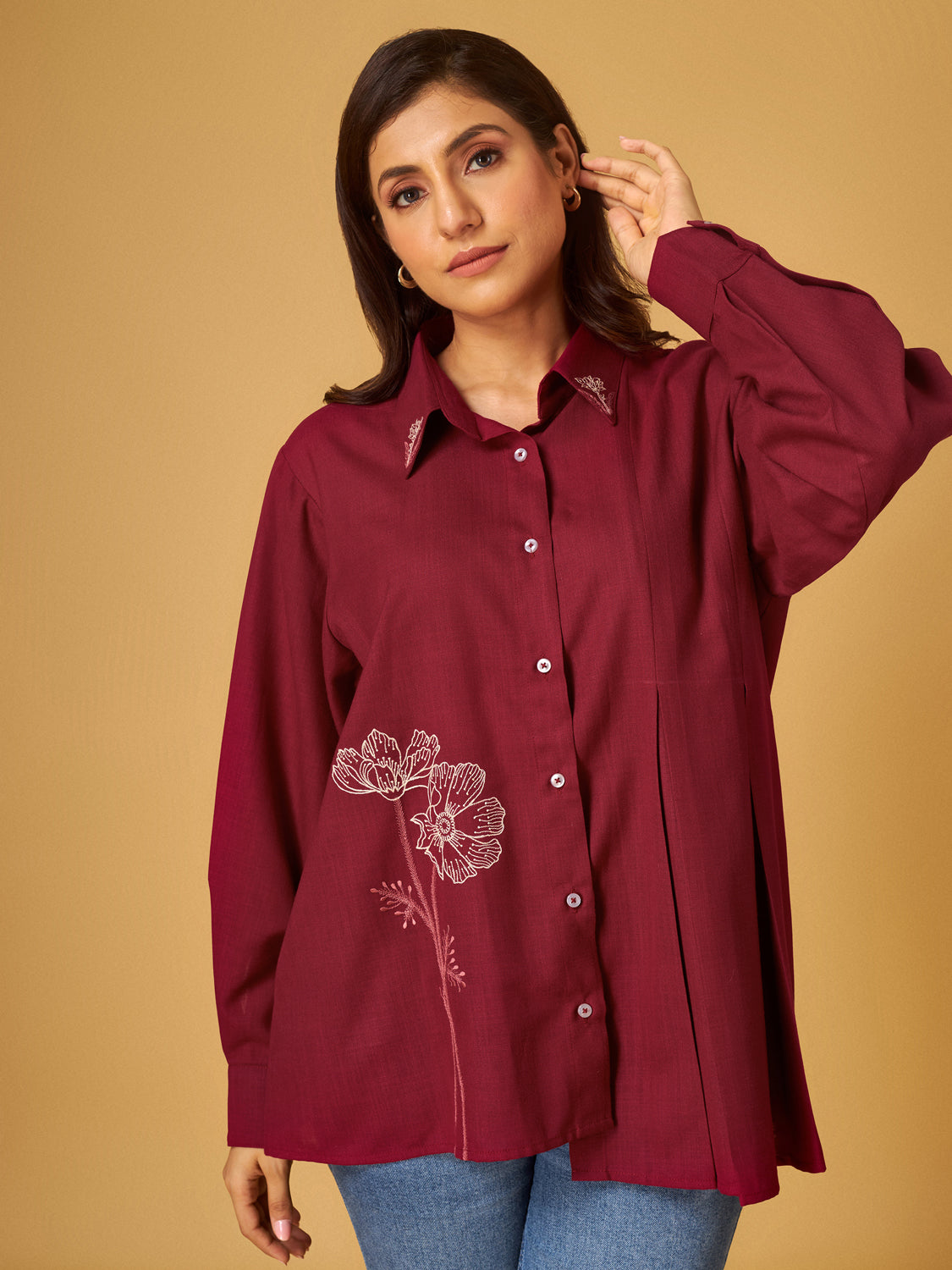 Biking Red Cotton Linen Thread Work Embroidered Shirt