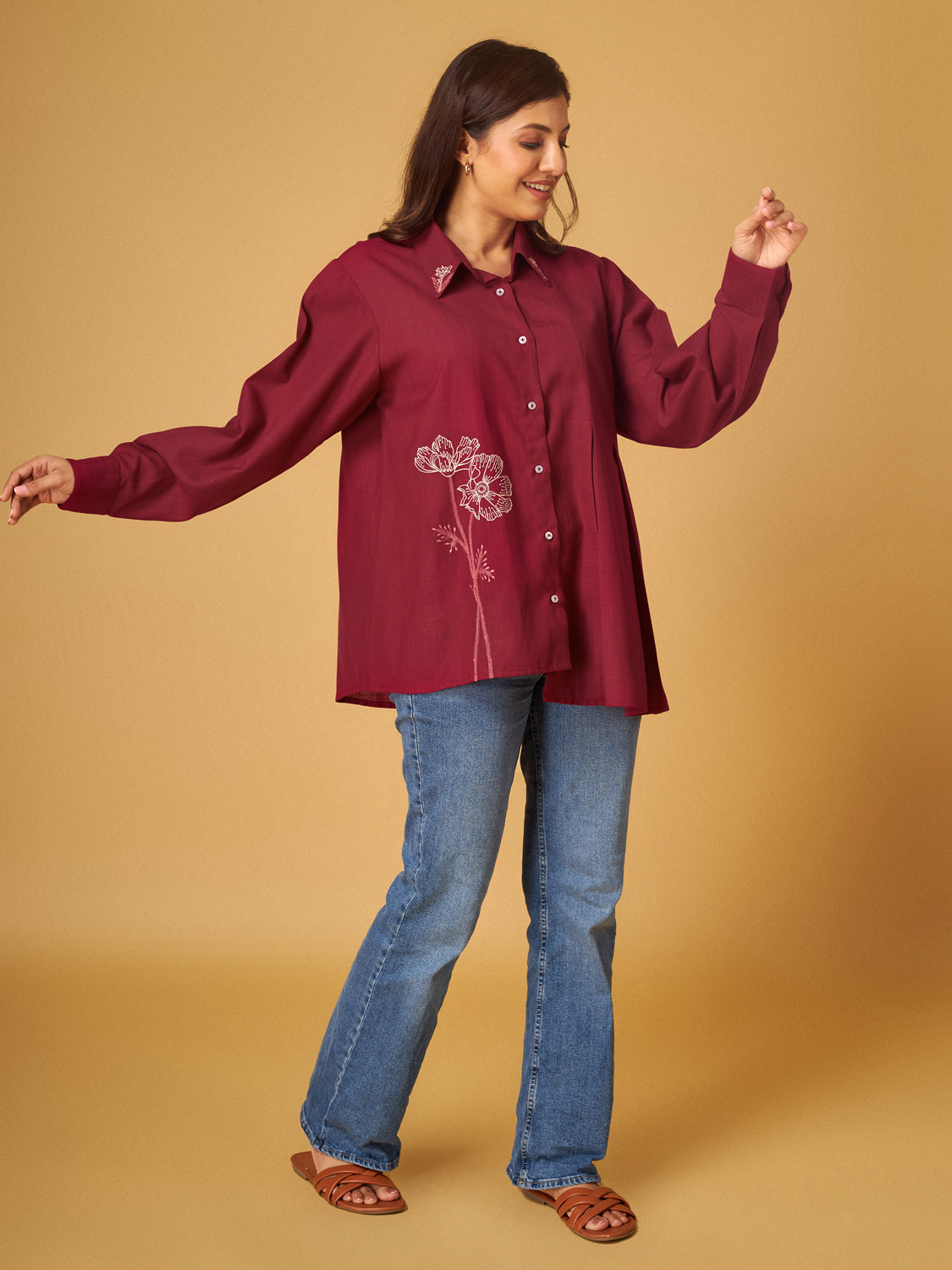 Biking Red Cotton Linen Thread Work Embroidered Shirt