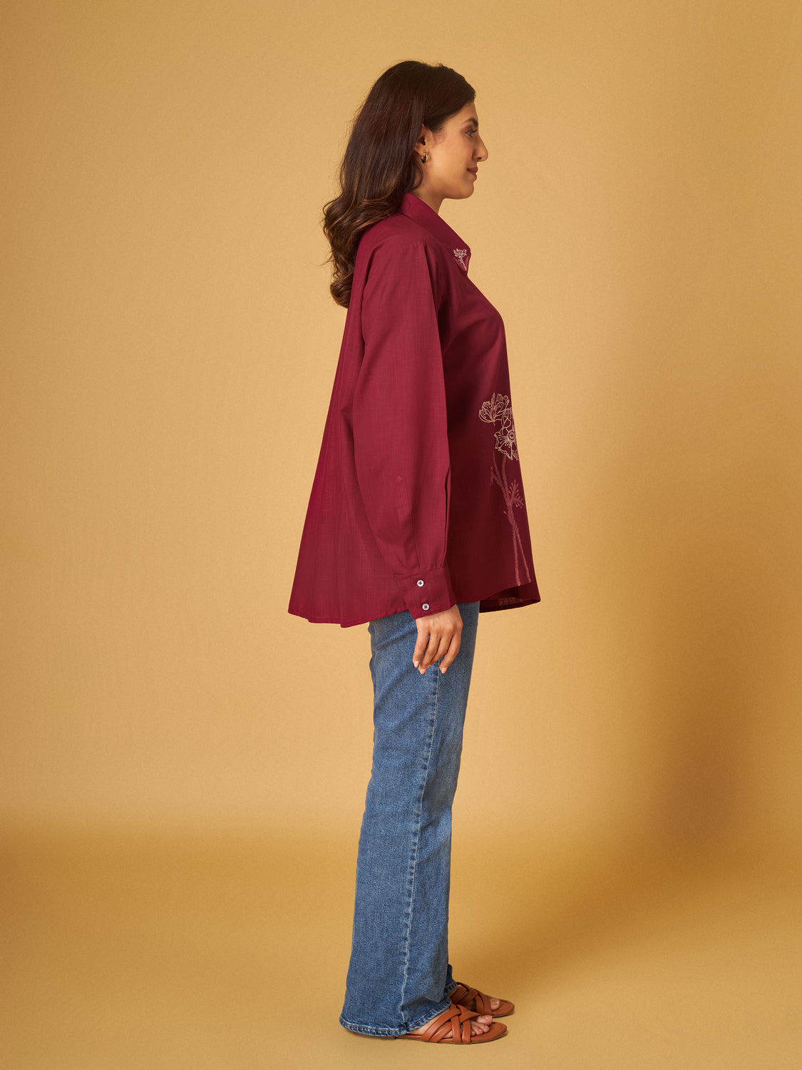 Biking Red Cotton Linen Thread Work Embroidered Shirt